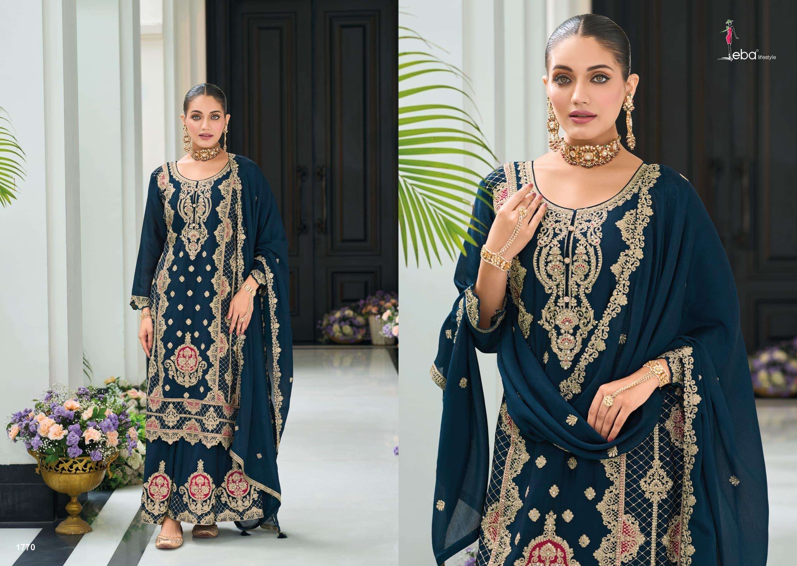 eba lifestyle catalogue zulfat series 1770 to 1771 top heavy chinon with emboidery work duppta heavy chinon with  emboidery work plazo heavy chinon with emboidery size m to 3xl