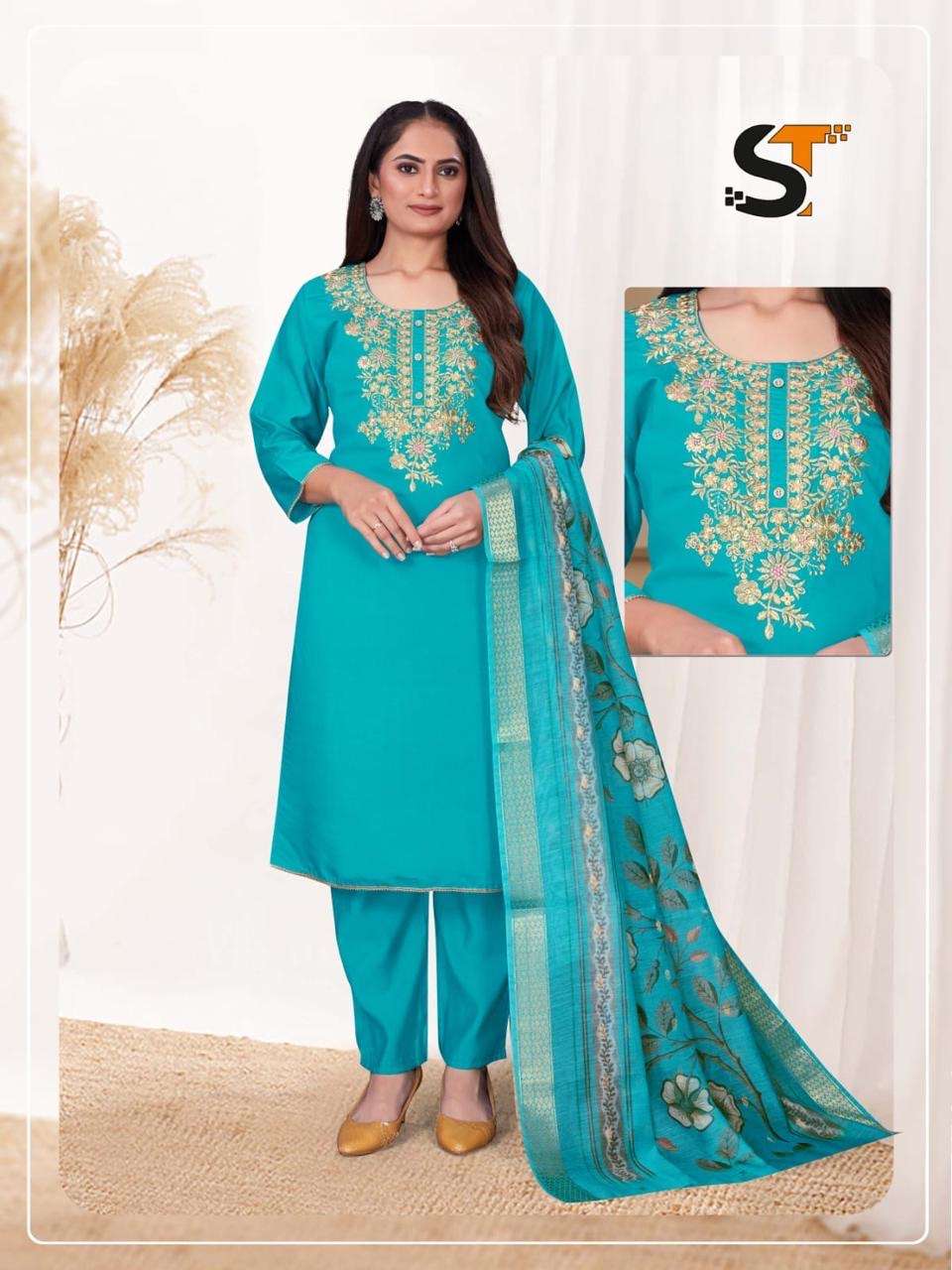 embroidery work sequence kurta plus pant and duppta for office and regular wear fabric heavy roman silk with  embroidery work pant fabric heavy roman silk size l to xxl