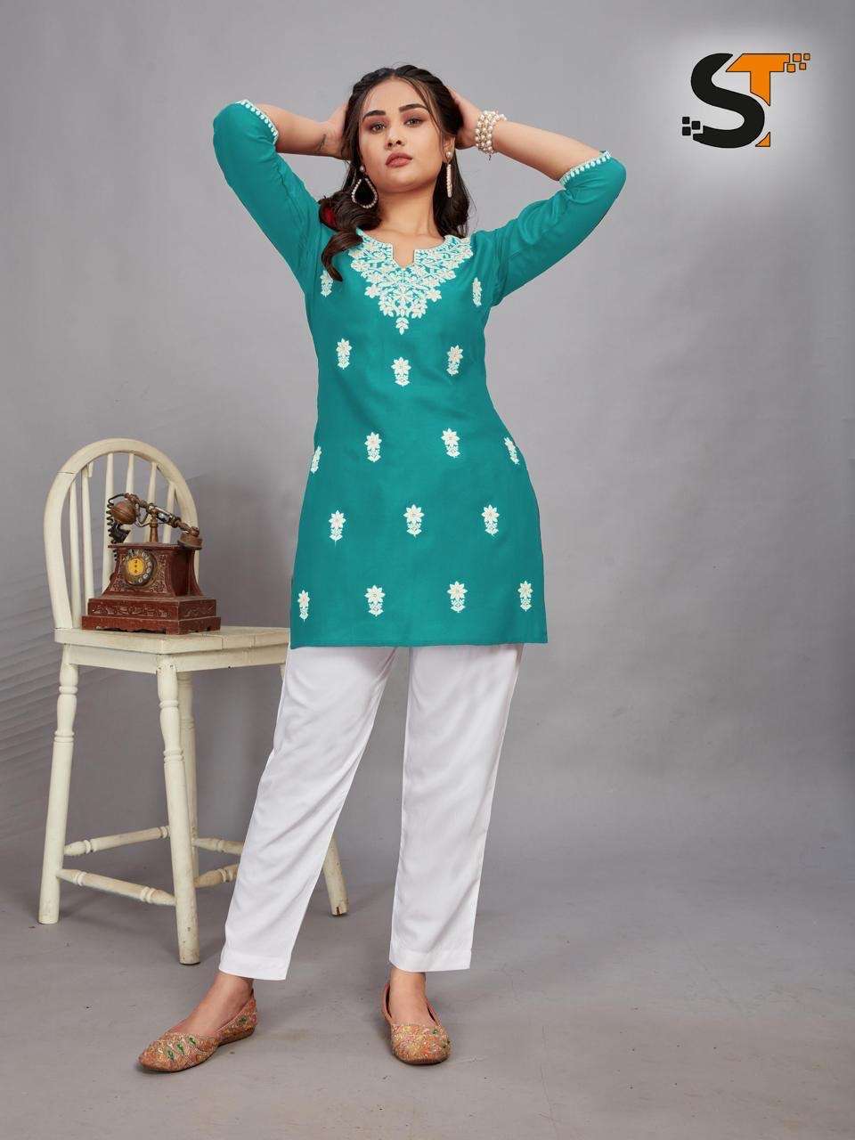 embroidery work short tops for office and regular wear fabric heavy reyon with embroidery work size l to xxl length 30 kurtie