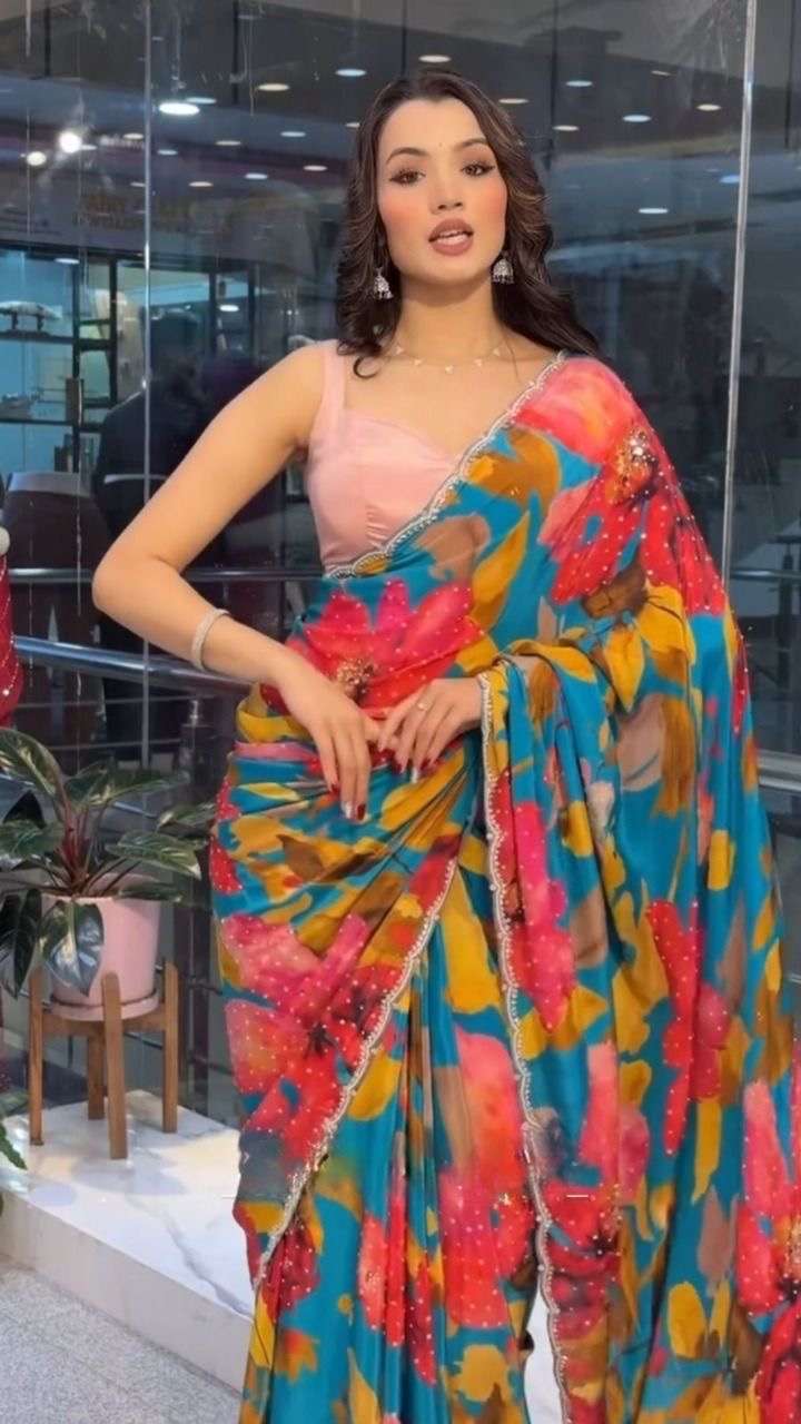 flower print handwork saree summer special dinner and party wear flower n print handwork saree soft crystel fabric nice flower print with handwork border with sequence work saree