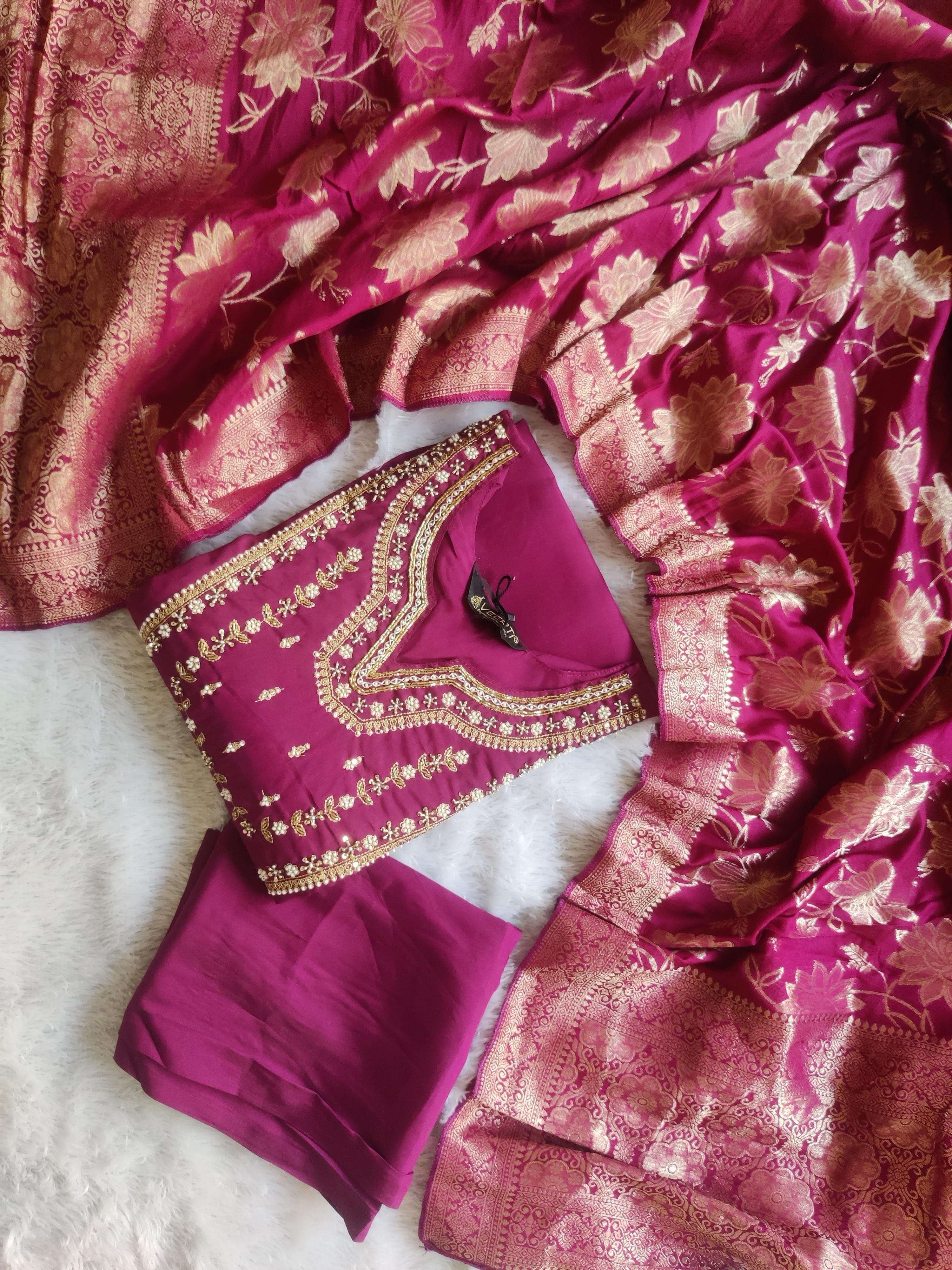 handwork kurtie pant with jacquard heavy duppata 3 pc suit hand work and moti work kurti pant with duppata 3 pc suit size l to 3xl fabric heavy mashline silk readymade suit 