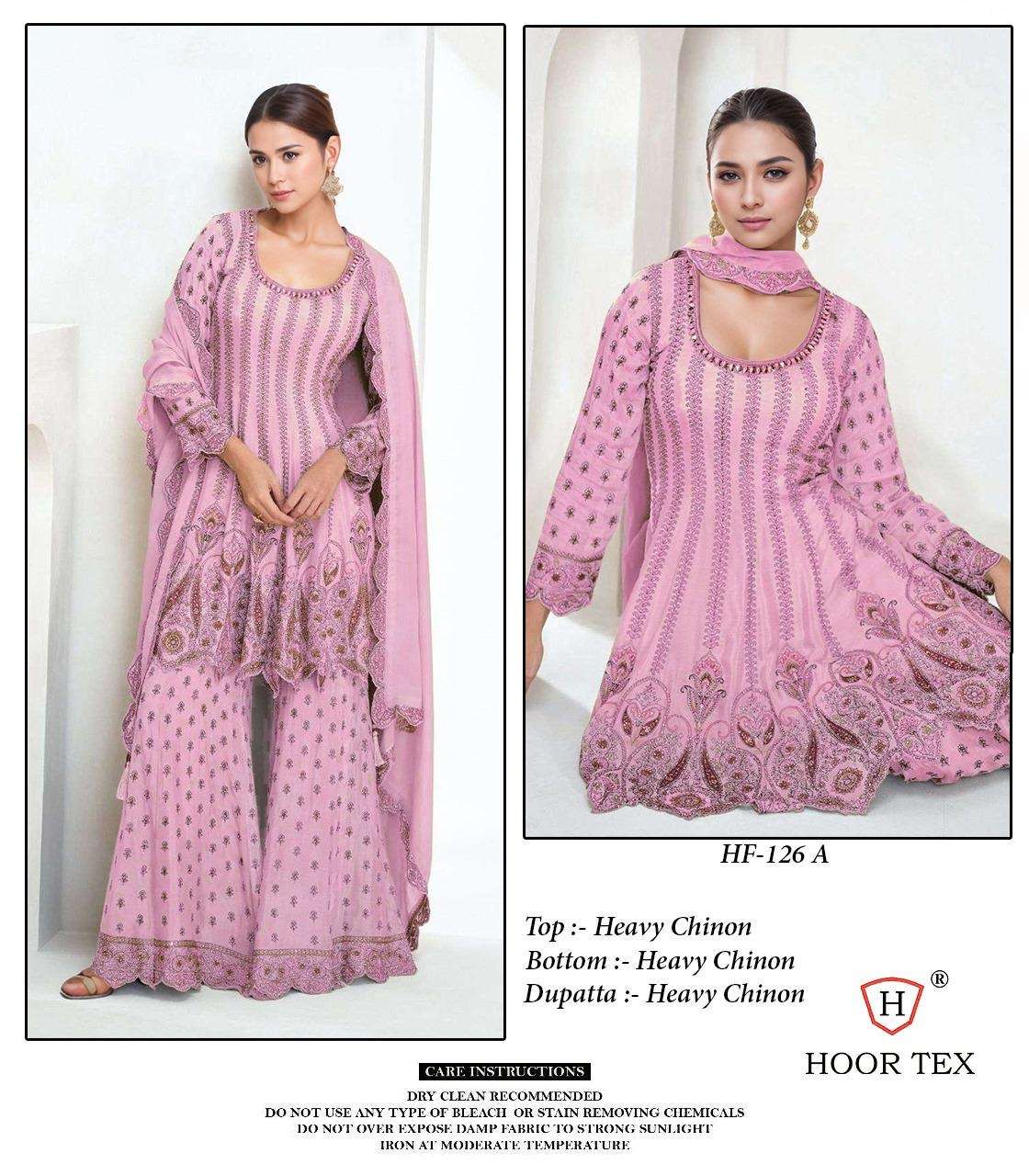 hoor tex presents new catalogue in pakistani full stitched hf 126 a to d top heavy chinon with umbrella cut bottom heavy chinon with plazzo dupatta heavy chinon size xl42 n xxl44