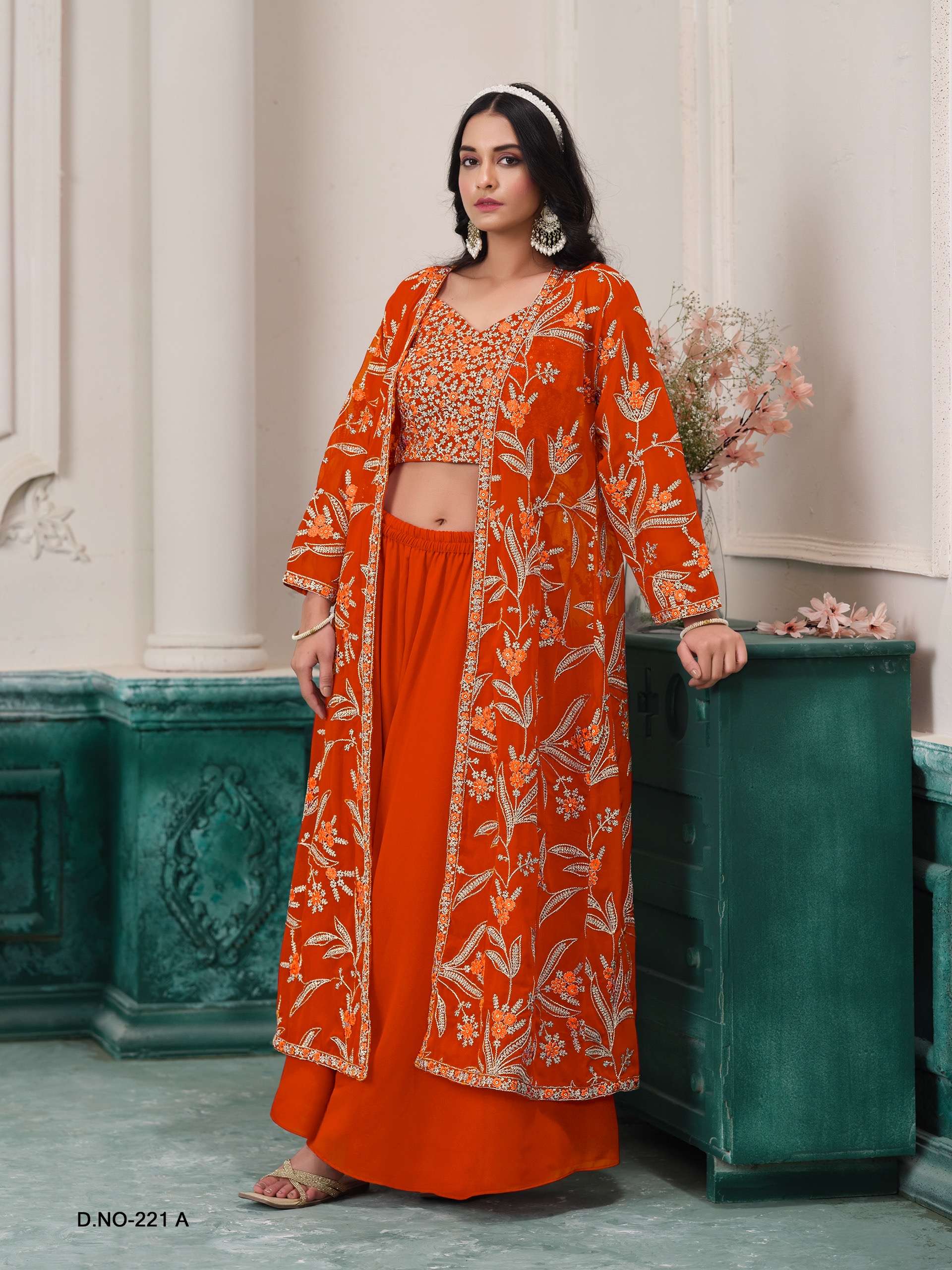 indowestern catalogue aanaya vol 221 top blouse plazo faux georgette inner santool n crape design number 221a to 221d note this design come free size stitch designer suit