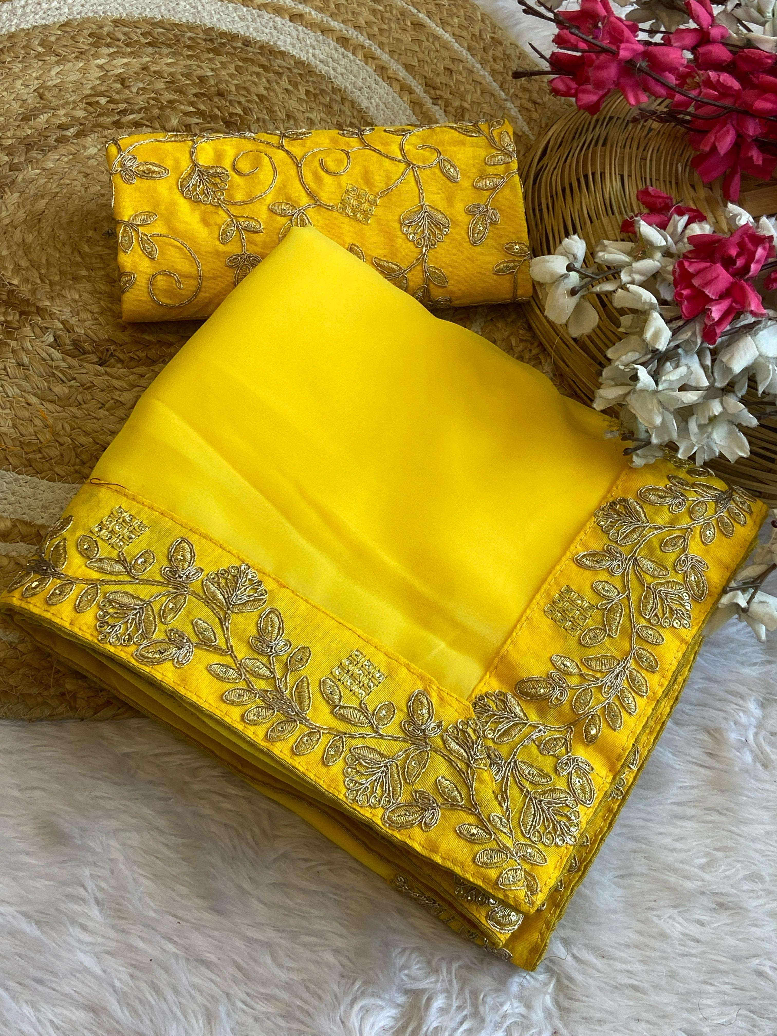 launching new block buster superhit trending saree with lace border work saree details fabric georgette work embroidery lace border work attractive design