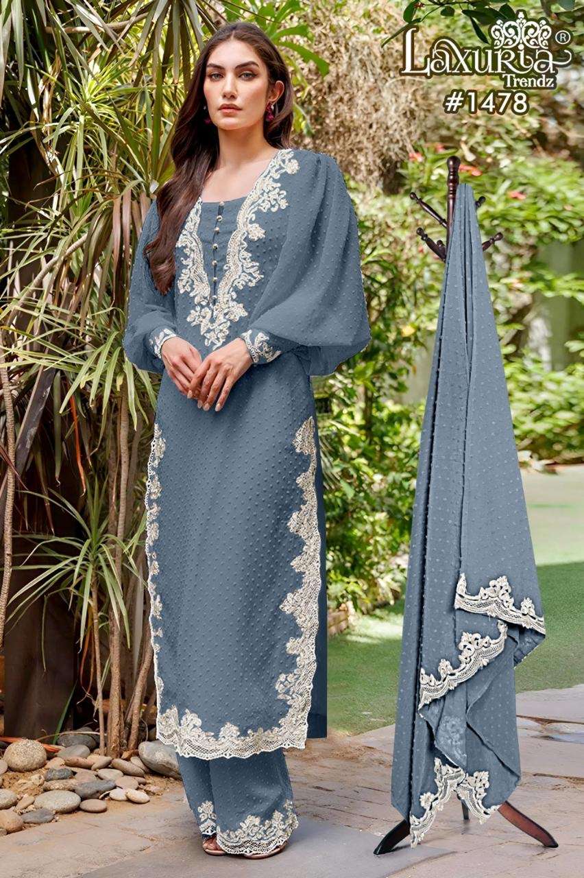 laxuria trendz design number 1478 kurtie with pant n duptta luxury pret collection in tunic n plazzo with duptta  quality in affordable price for our valuable customer cord set