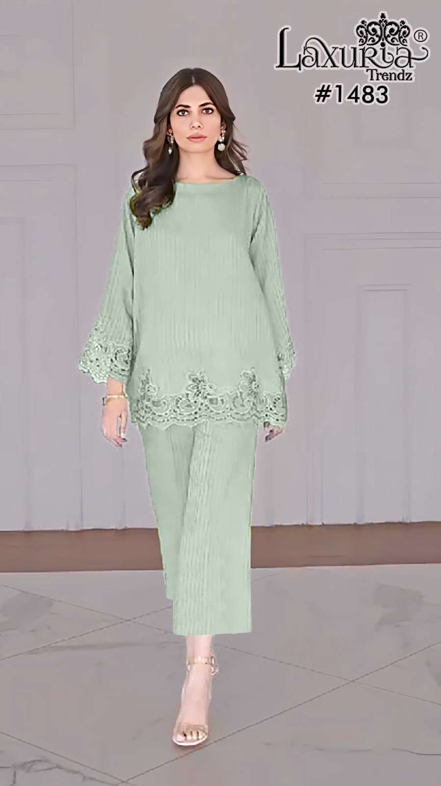 laxuria trendz design number 1483  designer cord set with gorgeous embroidery tunic with sleeves n paired with pant coord set readymade pakistani suit