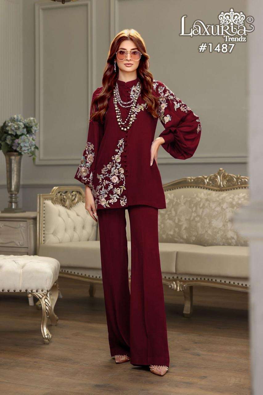 laxuria trendz design number 1487 designer cordset with gorgeous embrdry n handwork tunic with sleeves n paired with pant fox georgette