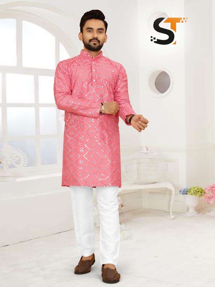 mirror kurta in 4 colours long kurta for mens in heavy silk fabric fabric silk with heavy embroidery mirror work  with fancy buttons sizes mens m to xl 4 loosening