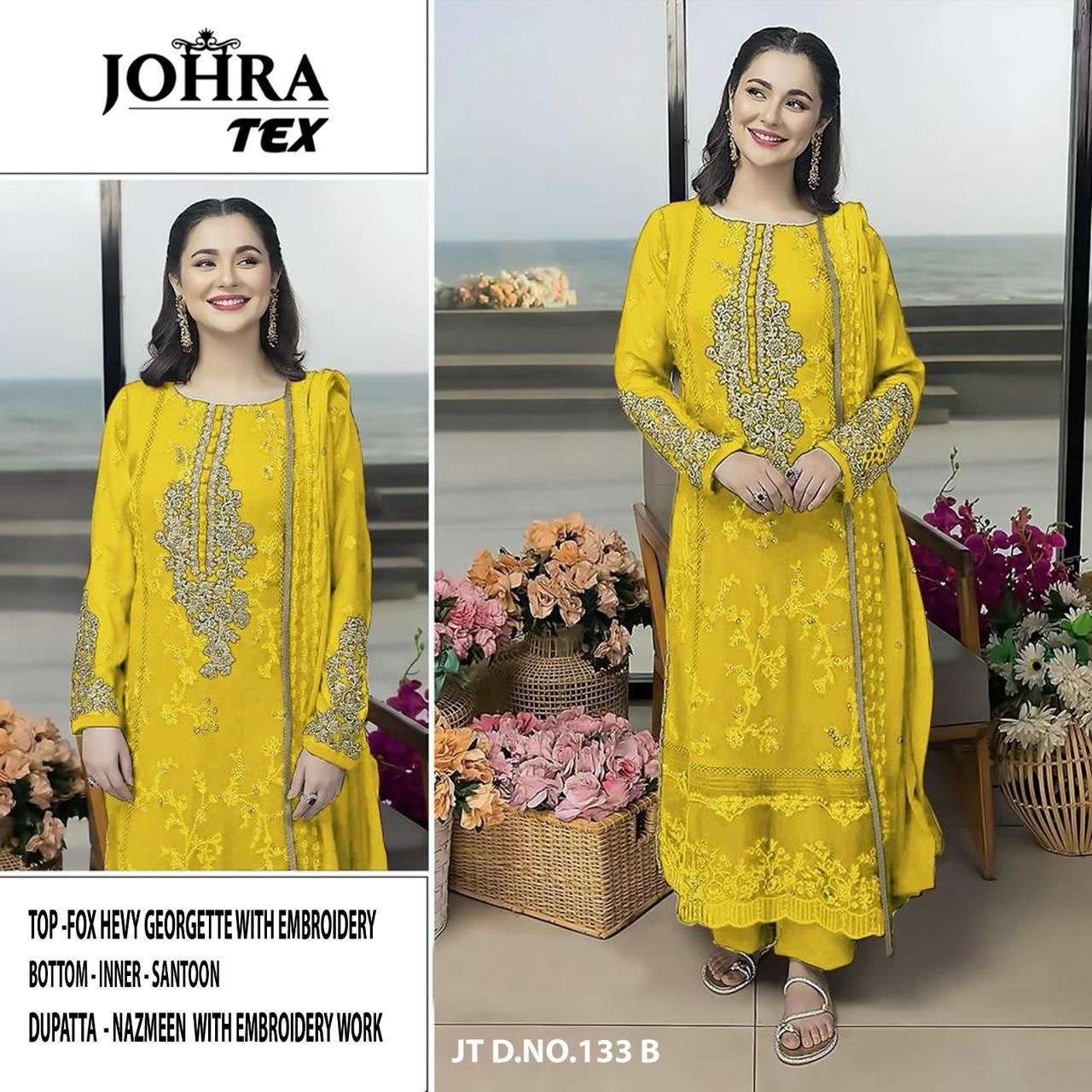 pakistani suit brand name johra tex design number jt 133 colors details top fox georgette embroidered bottom n inner dull santon dupatta nazmeen with embroidered readymade suit
