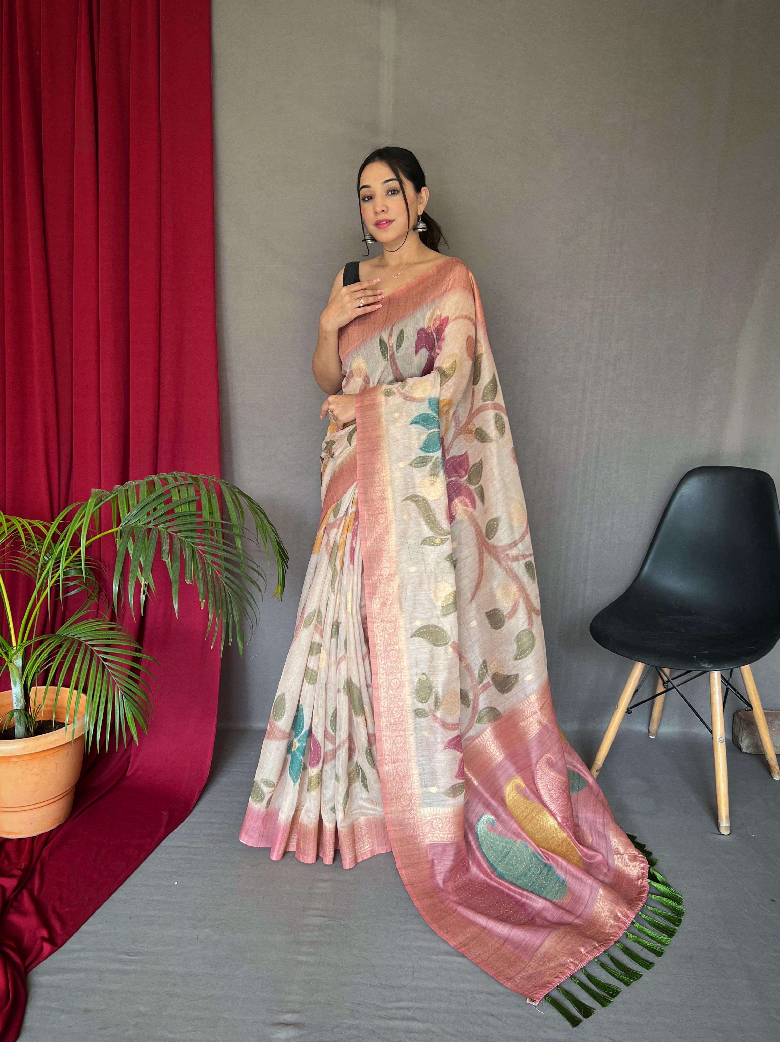 pure chanderi silk saree catalogue vaibhavi 3d digital print with floral katha stitch concept all over the saree. golden zari rich pallu and golden motifs all over saree with unique design and colour