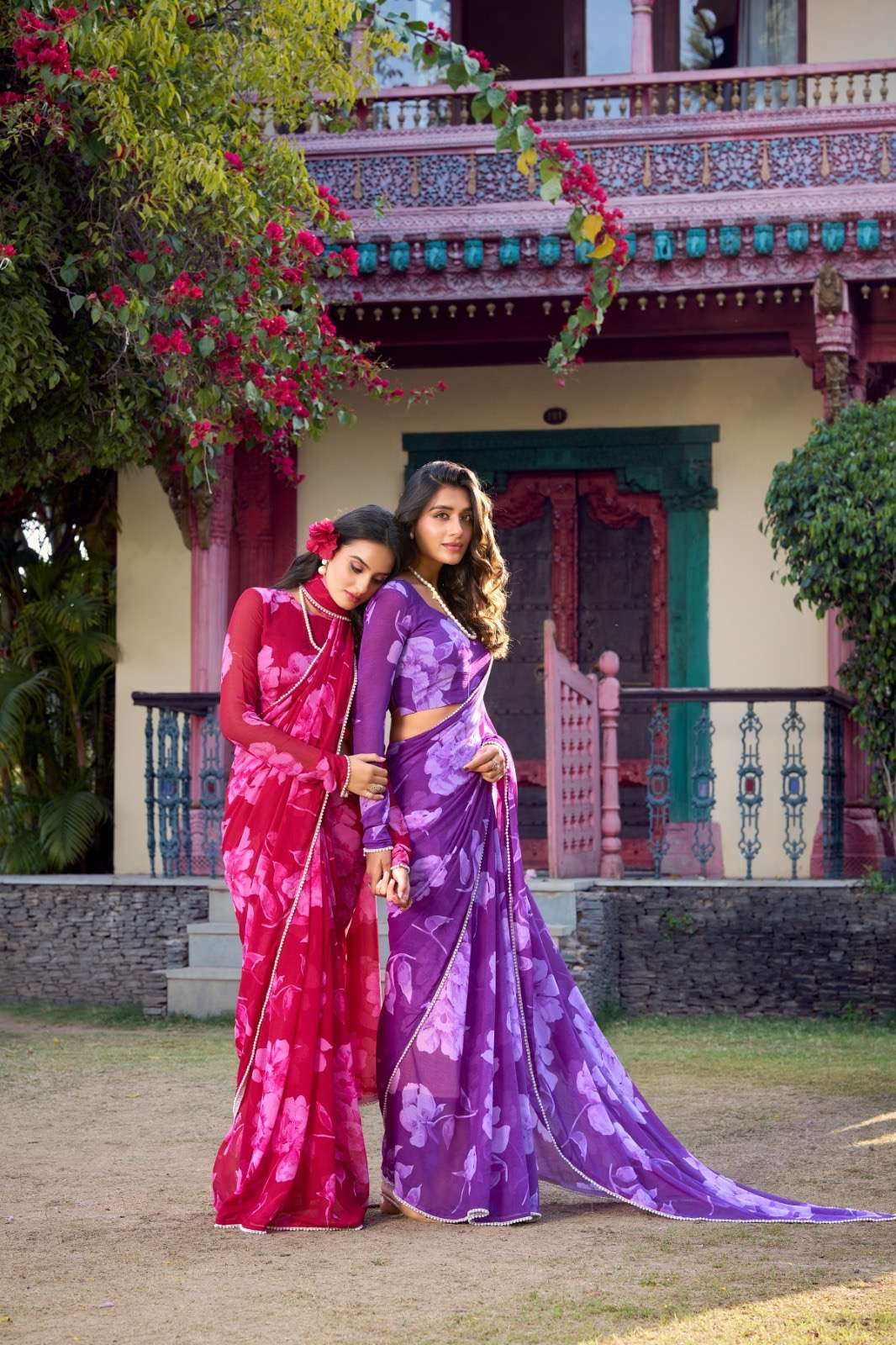 saree collection delicate blooms pearl border dreams catalogue sandhiya ynf7011 saree chiffon saree work foral printed pearl lace border saree length 6 meter 