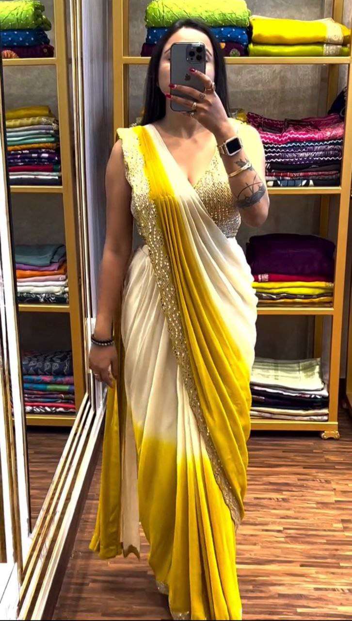 saree embroidery cording work ready to wear saree with real mirror work with embroidery blouse design number bt 408 heavy chinon embroidery cording work with real mirror with digital print
