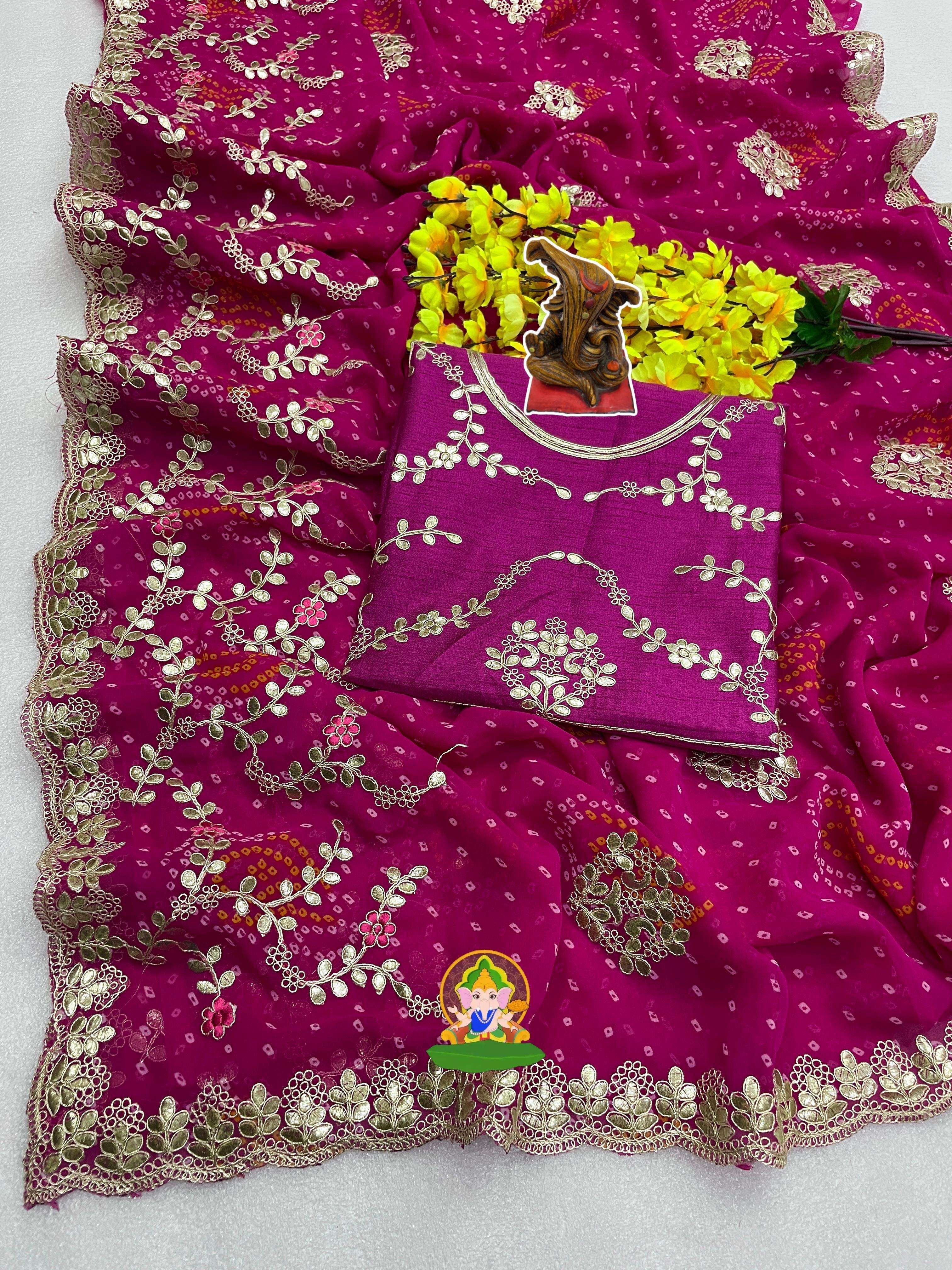 saree georgette bandhej fabric n details soft georgette bandej saree with heavy cpallu gotapatti work heavy pallu work with cut work border n whole saree gotapatti butta work