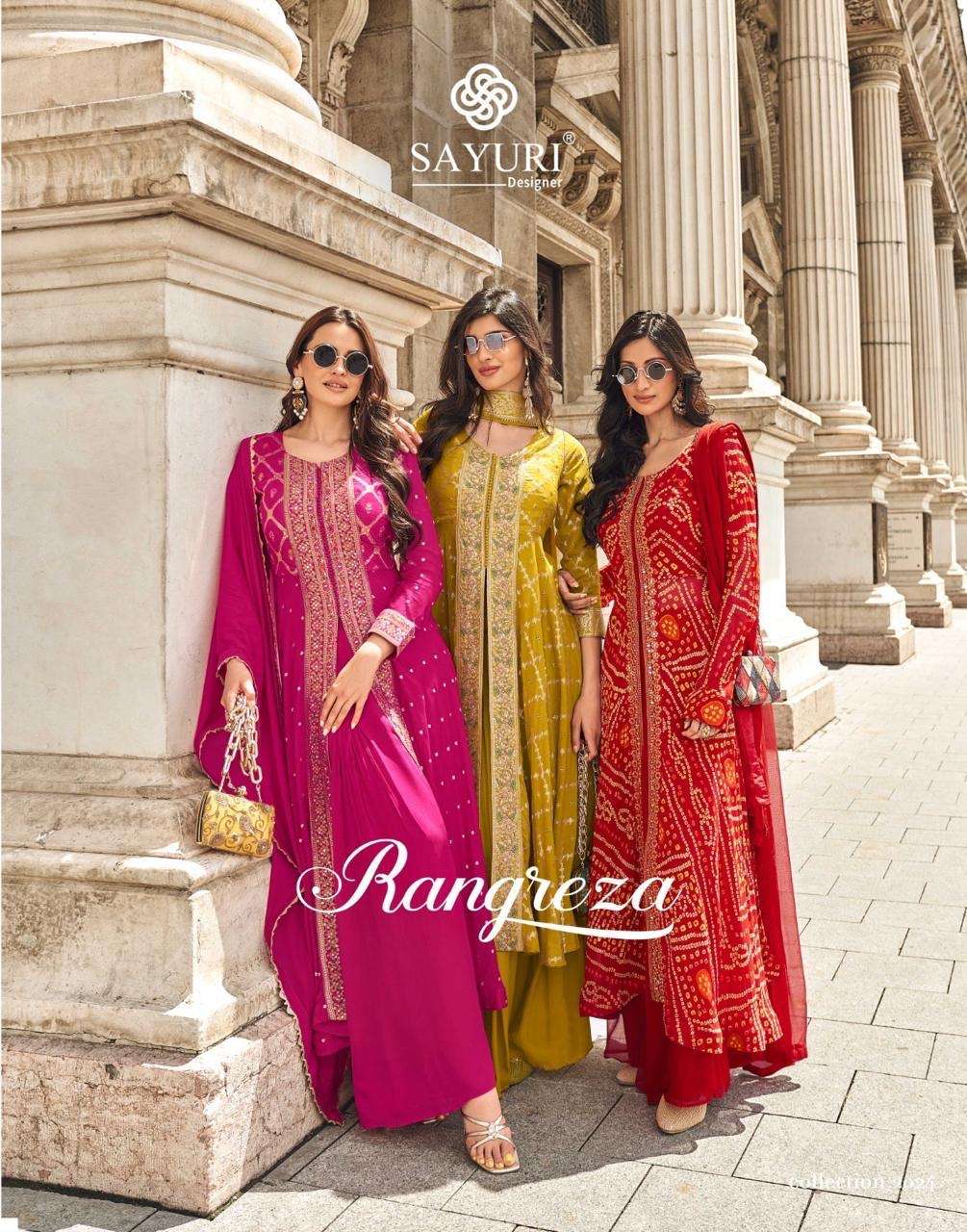 sayuri designer catalogue rangreza series 5598 to 5600 fabric viscos jacquard silk n real gerogette hand embellished work designer readymade suits 