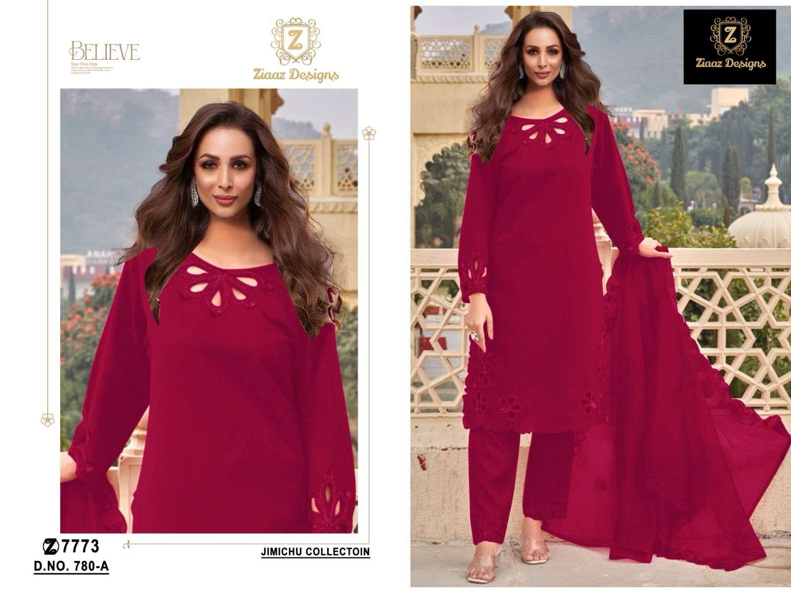 ziaaz designs brand that speaks for itself code 780 jimmy choo colours semi stitched details jimmy choo handwork moti work cutwork semi stitched outfit neck sleeves daaman suits