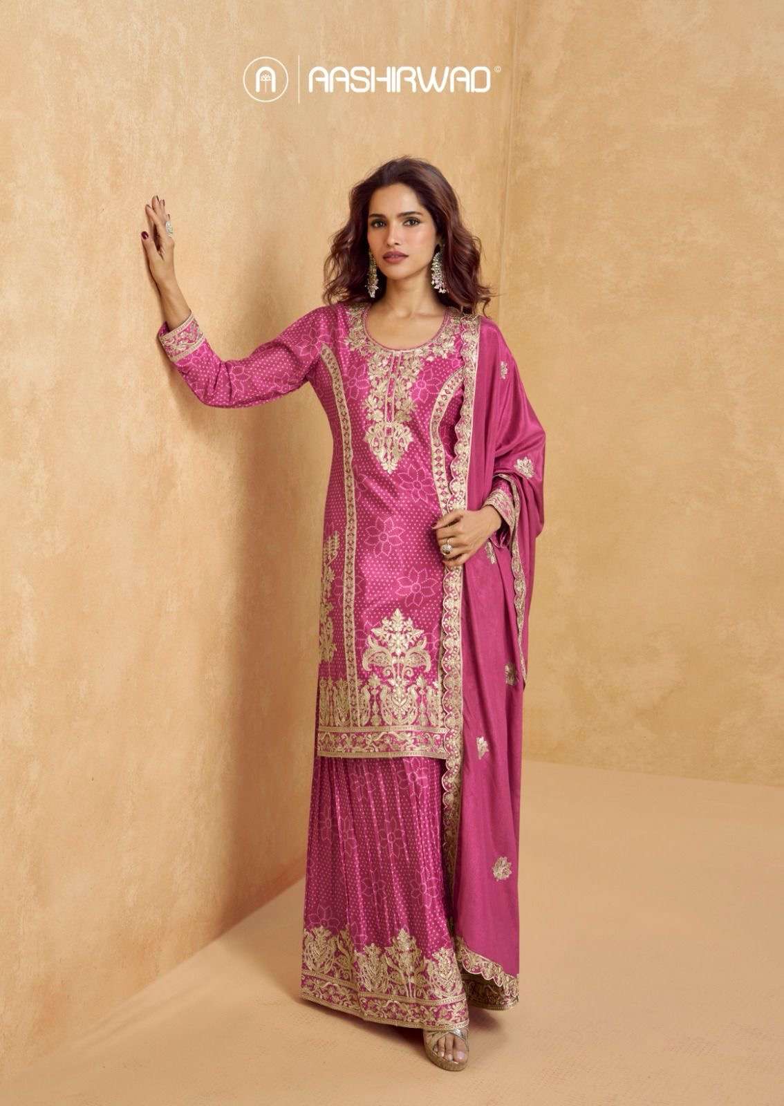 aashirwaad creation catalogue tanvi series 10284 to 10287 premium chinnon silk free size stitch plazzo premium chinnon silk free size stitch