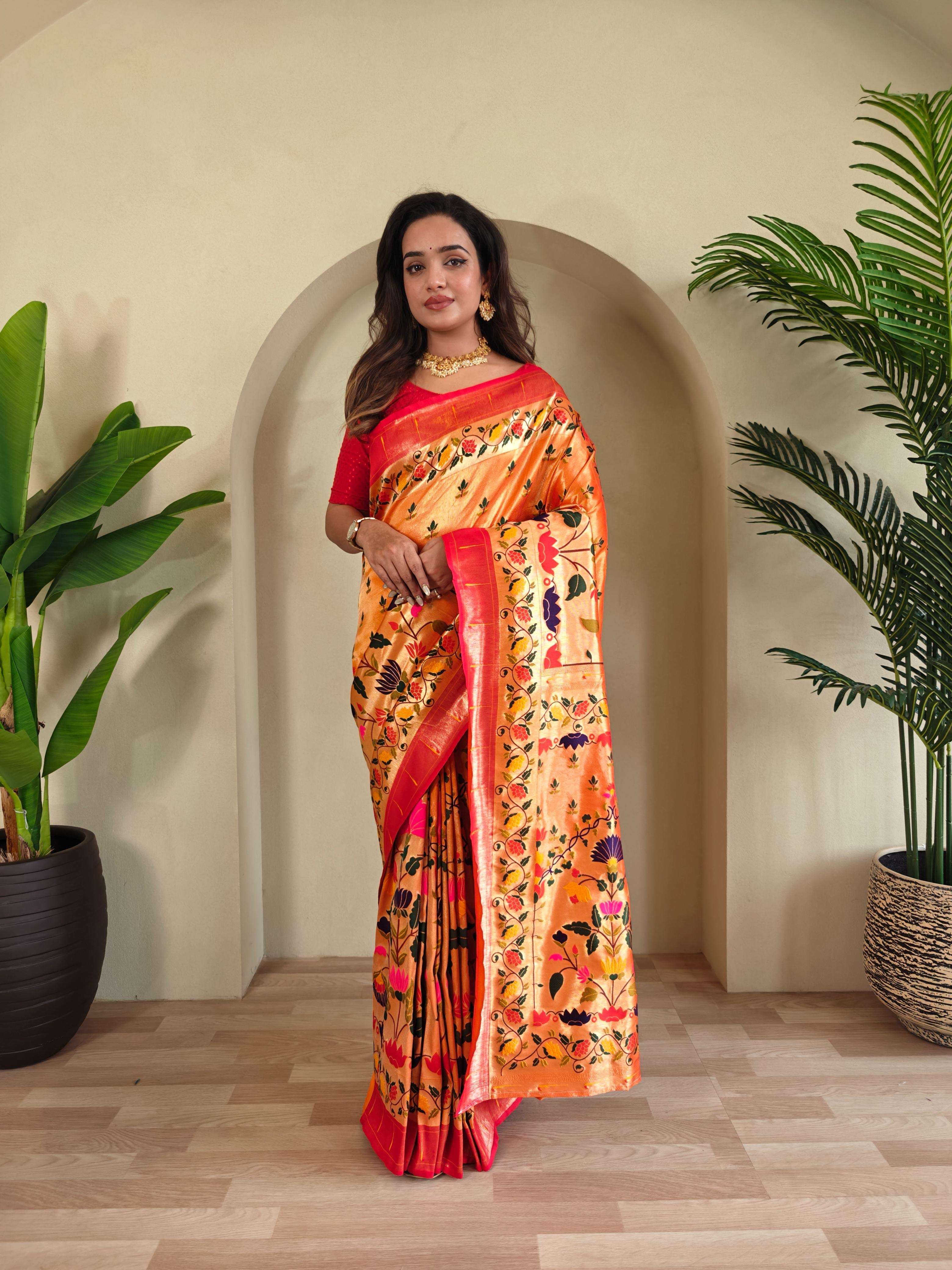 catalogue kavya designer paithani weaving sarees premium loom silk sarees with intricate paithani weaving design all over with muniya chaap border with contrast blouses as seen in the videos