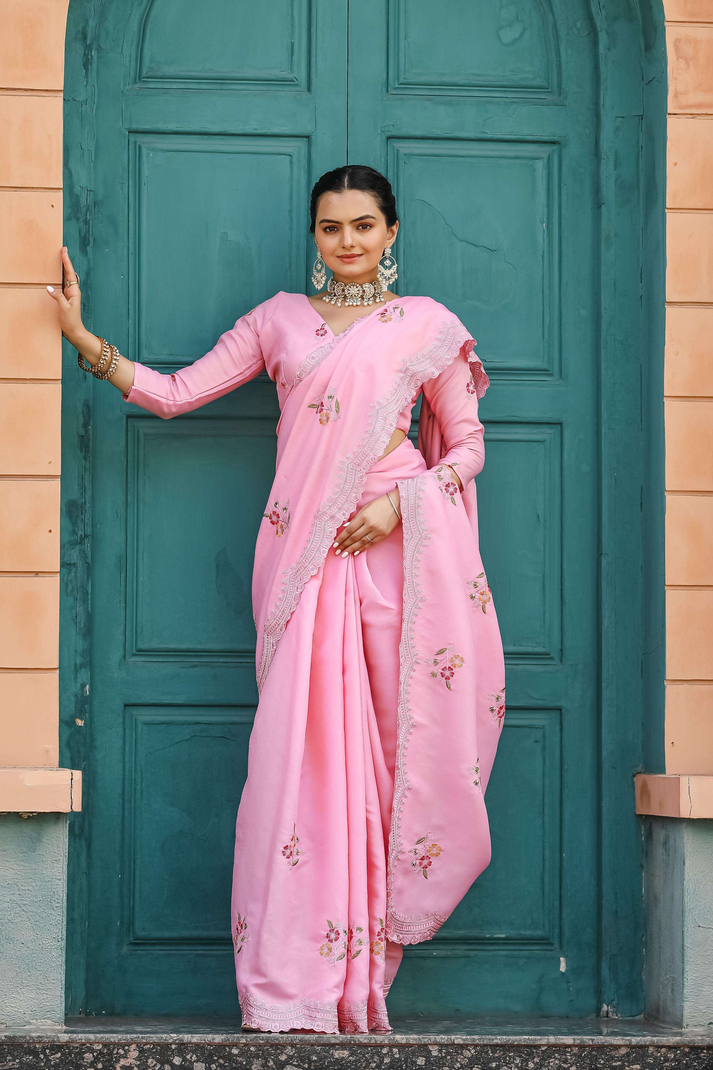 catalogue kiran description tussar cotton dobby sarees with floral and sequins embroidery work with cutwork monotone blouses running with buttis cotton saree