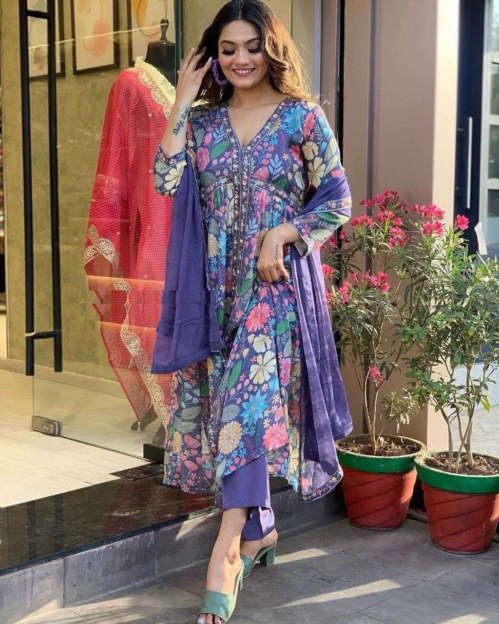 dc g28 blue n sky blue color anarkali suit set seems to be a party wear outfit made from maslin fabric with lace border nazmin duptta 3 pair fabric muslin fabric with digital prints