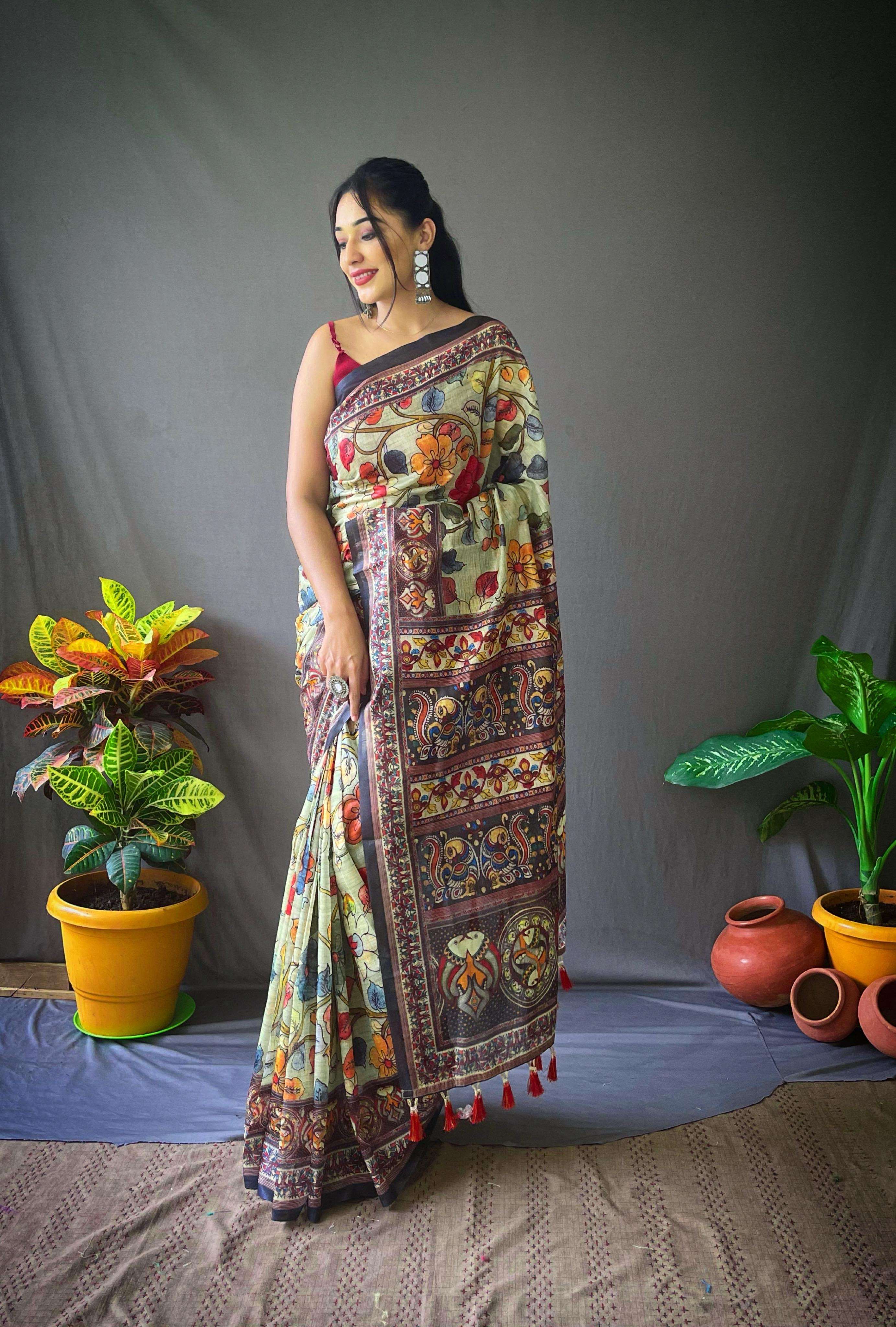 designer saree catalogue cotton kalamkari 1 beautiful cotton sarees with kalamkari digital printed with contrast kalamkari printed border and pallu attached with tassels paired with printed blouse
