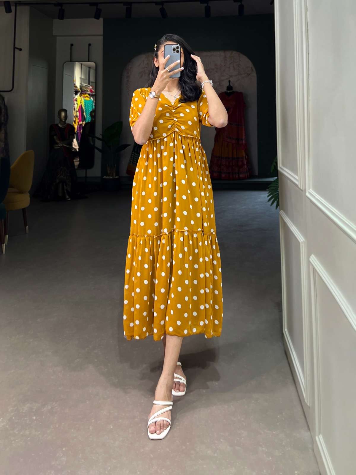 ethnic collection step back in time with our vintage polka dots print georgette long frock the perfect blend of retro charm and modern elegance nnk4506 fabric georgette