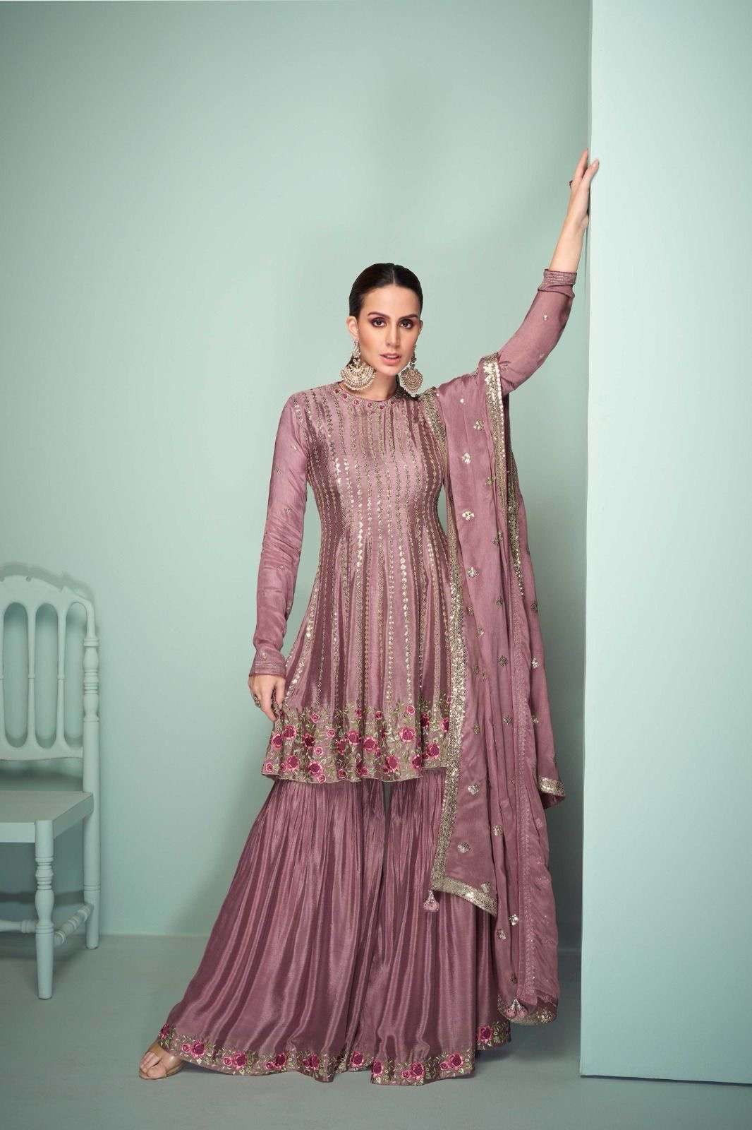 gulkayra designer present new catalogue riwayat top real chinon dupatta real chinon plazoo real chinon note free size stitched front n back embroidered work only