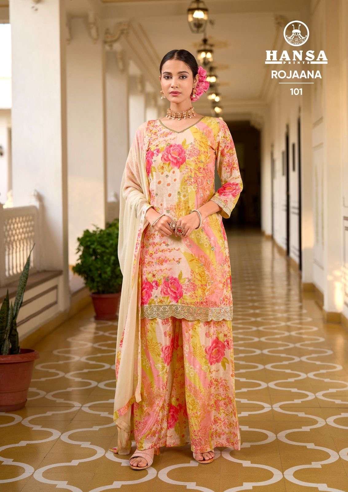 hansa catalogue rojaana series 101 to 104 chinon digital print with embroidery work xl n xxl size designer partywear dresses heavy designer suits readymade dresses