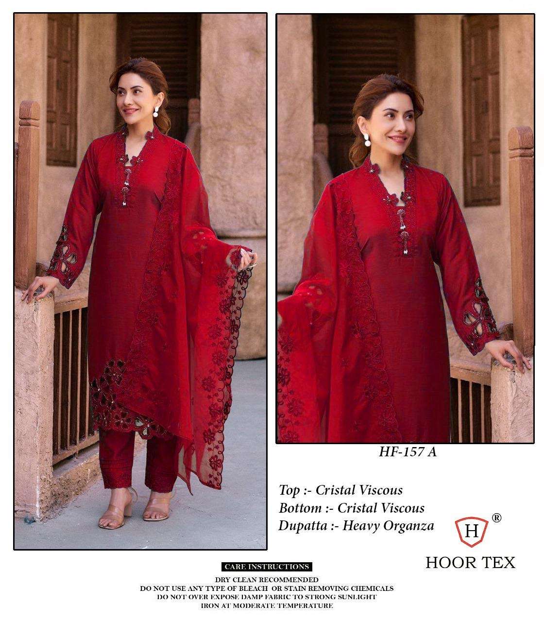 hoor tex new catalogue in pakistani full stitched design number hf 157 a to e top cristal  viscous bottom cristal  viscous dupatta heavy organza size xl to xxl designer pakistani suit