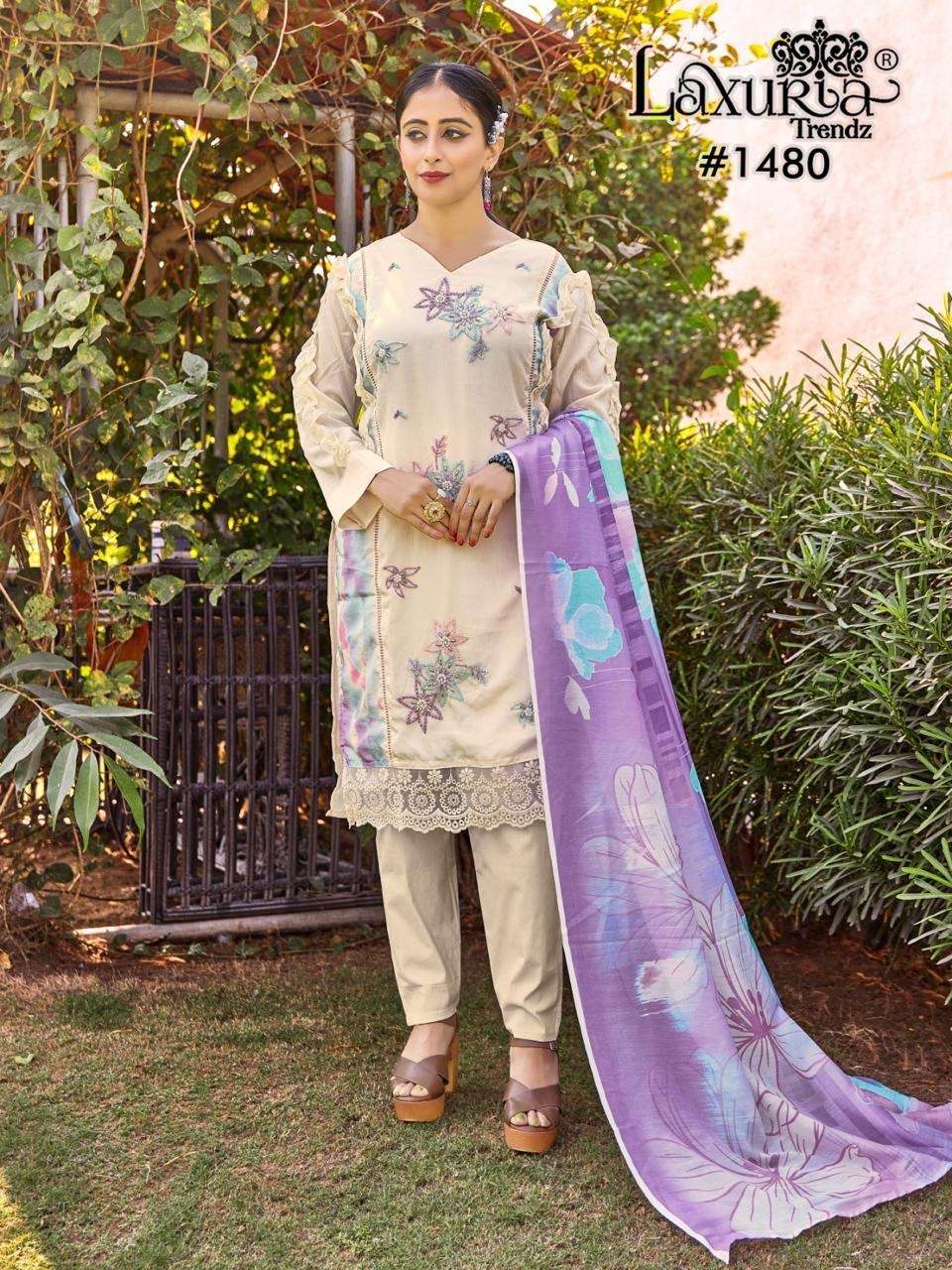 laxuria trendz design number 1480 designer tunic with gorgeous handwork n lace in tunic n patterned sleeves n glamours paired with  pants n digital print dupatta cord set