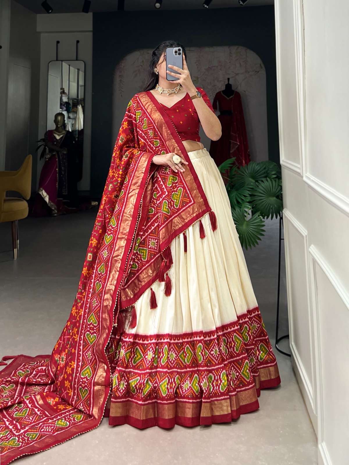 lehenga choli wedding grace in patola print catalogue aarohi lnb1230 lehenga stitched fabric tussar silk work patola print waist supported up to 42 designer lehenga