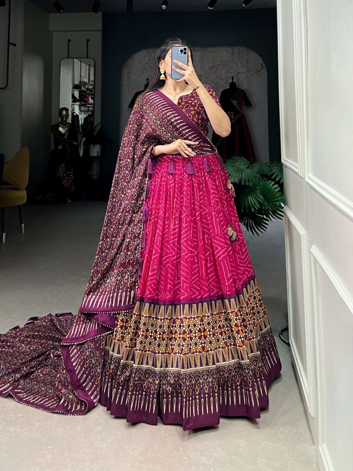 lehenga choli when tussar silk meets bandhej and ajarakh print every thread tells a story of grace timeless threads catalogue vaidehi lnb1226 tussar silk work bandhej and ajarakh print