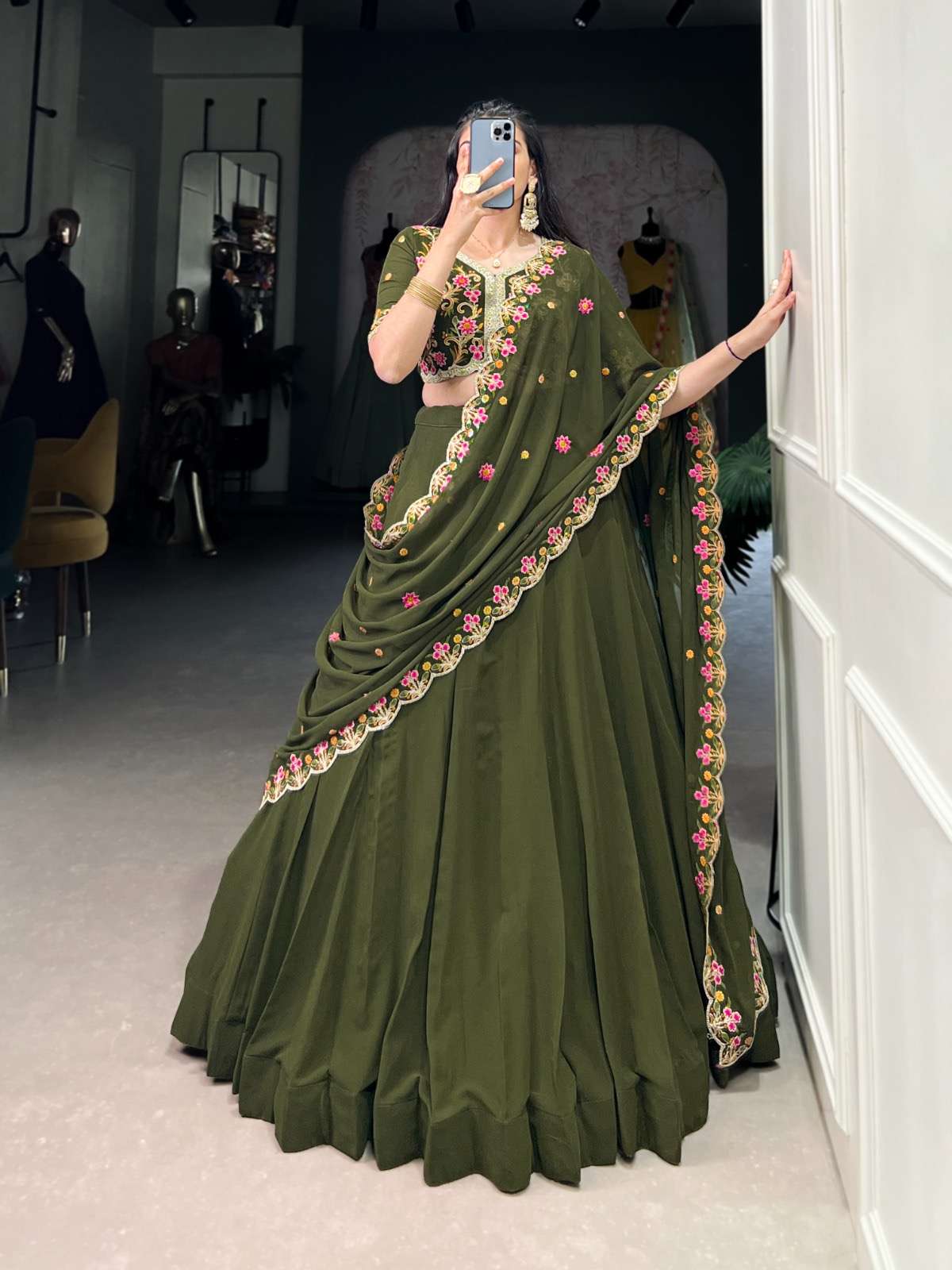 lehenga collection mehendi glow meets sequin flow catalogue akruti lnb1419 lehenga stitched lehenga fabric georgette lehenga work plain waist supported up to 42 drawstring with zip