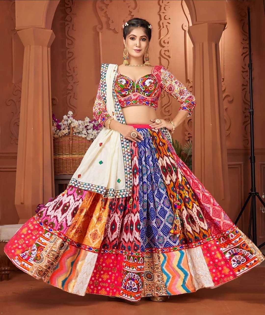 navratri collection the only way to describe your navratri night classy is by wearing this multi color lehenga with real mirror work kc 1481 soft butter silk work fancy digital print work n real mirror work