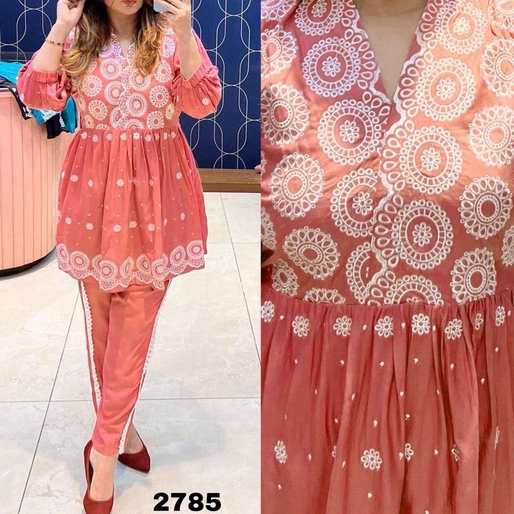 new launching coord set catalogue name rutba 2785 cloth details top rayon with fancy embroidery work top lenth 33plus pant rayon with gpo lace size xl n xxl coord set