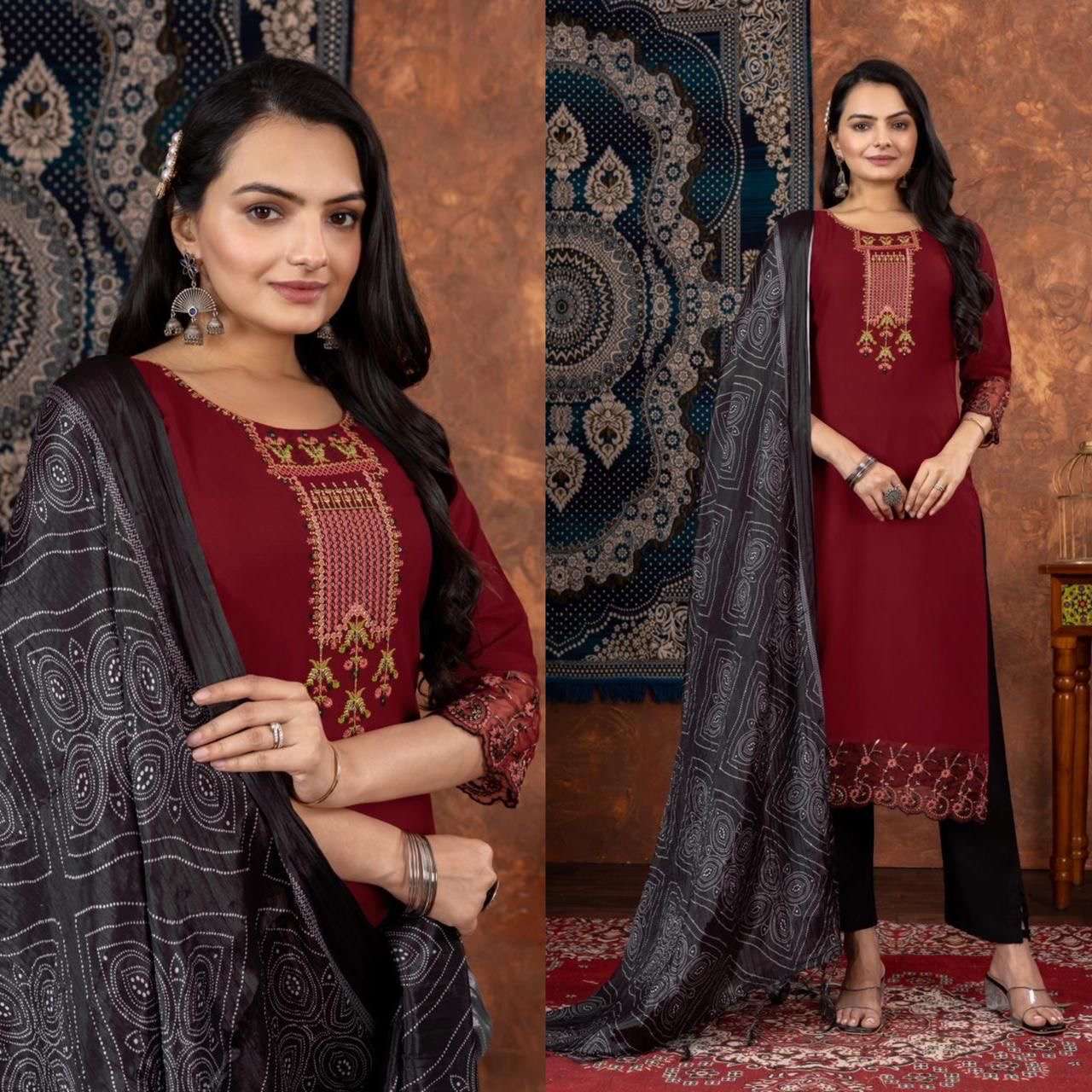 readymade suit catalogue rajans vol 1 design 6 top rayon work embroidery bottom rayon dupatta bandhani print size m to xxl readymade suits
