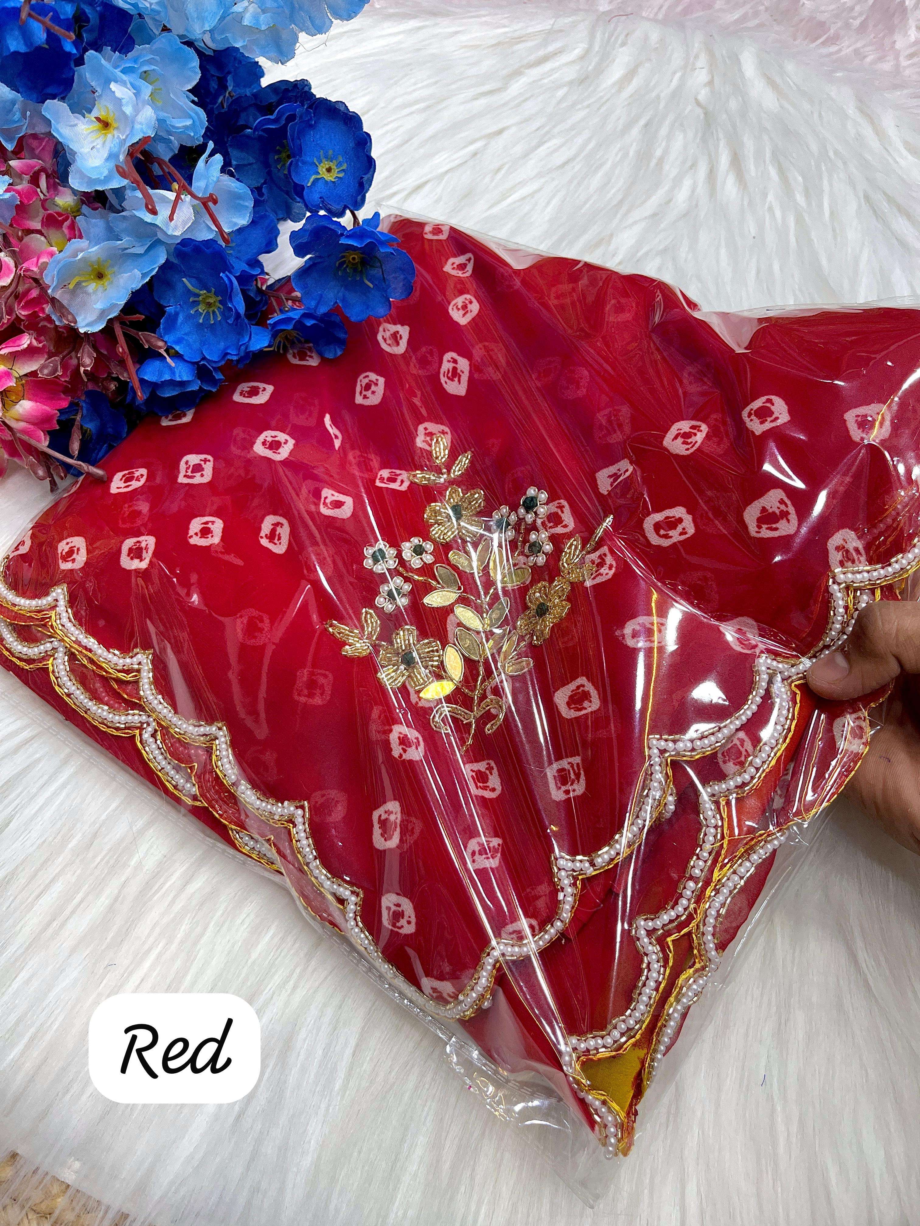 saree c by c georgette into handwork sarees soft georgette bandhej saree heavy handwork khatli moti butta rich look handwork butti throughout intricate khatli cut work border designer saree