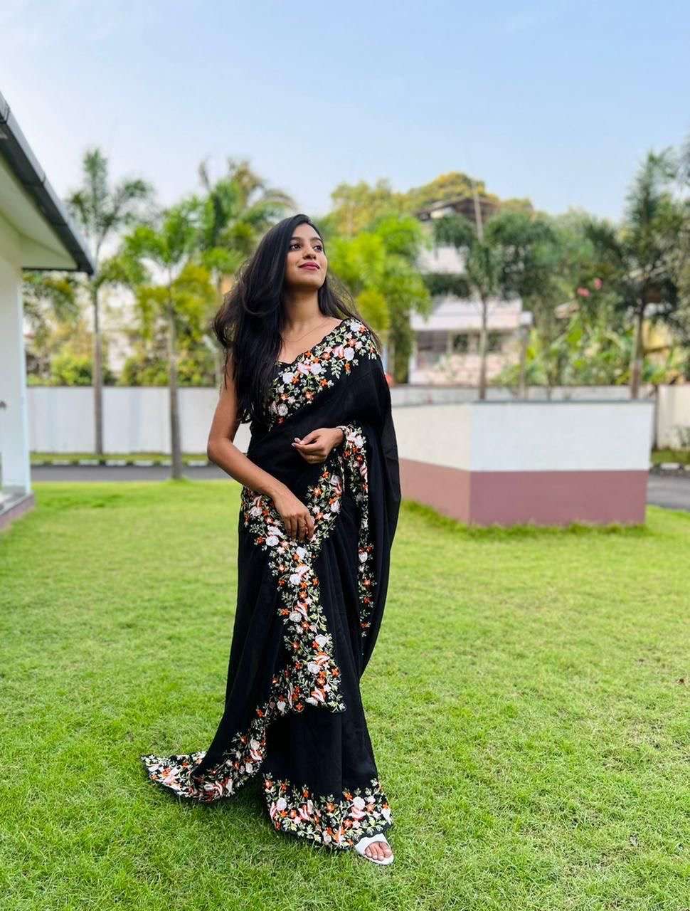 saree design no kc 327 6 colours saree fabric n work vichitra silk fabric comes with sequence work and thread work with cut work border blouse fabric work satin banglori designer saree