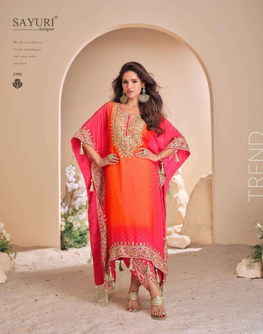 sayuri catalogue jhoomar pure viscos natural crep silk n pure viscos simar organza silk latest trendy kaftan with tulip hand mirror work and hand embllished gota patti work all over detaling