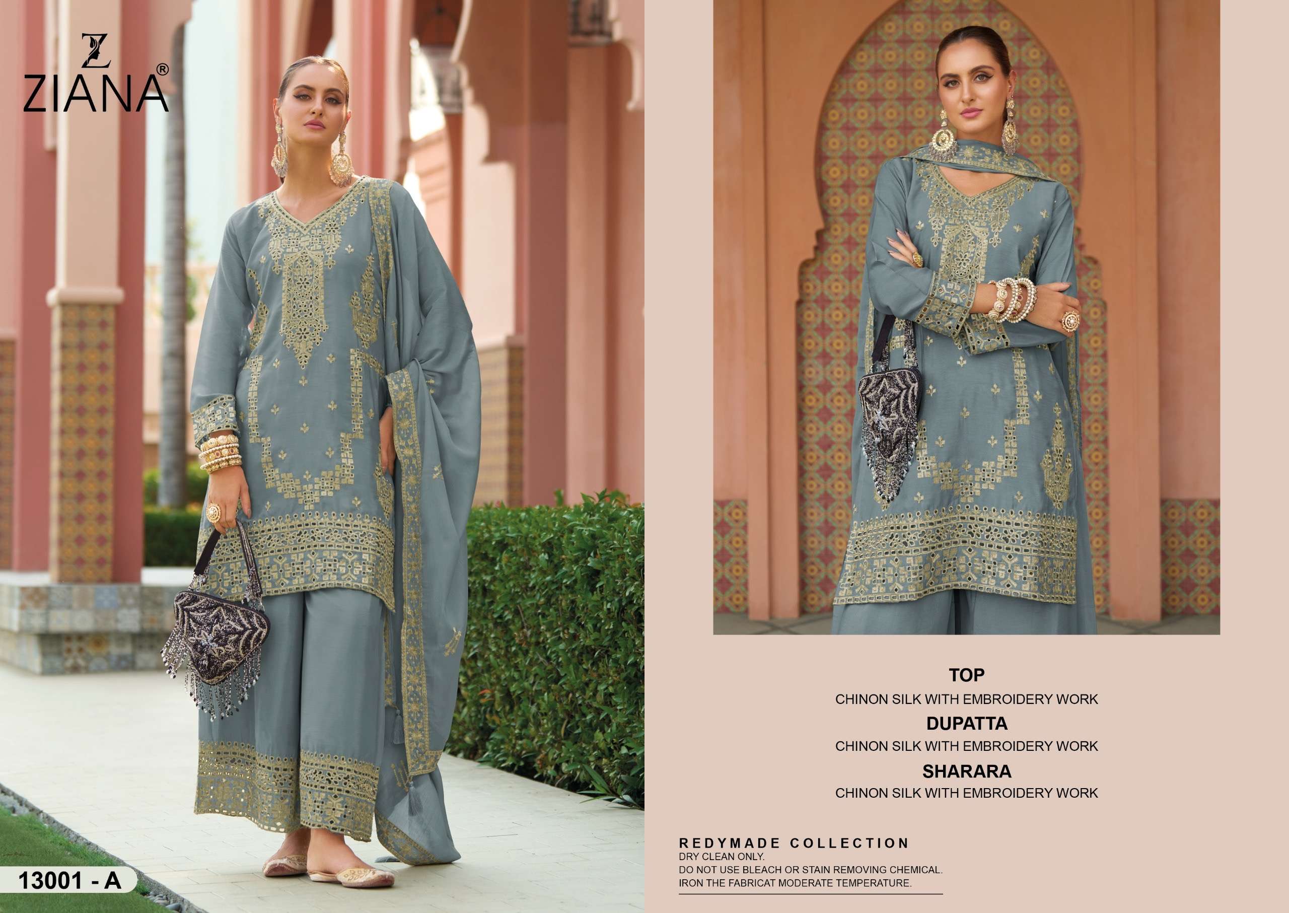 ziana fabric top chinnon silk with embroidery work Bottom Chinnon silk with embroidery work dupatta chinnon silk with embroidery work free size stitched readymade suit