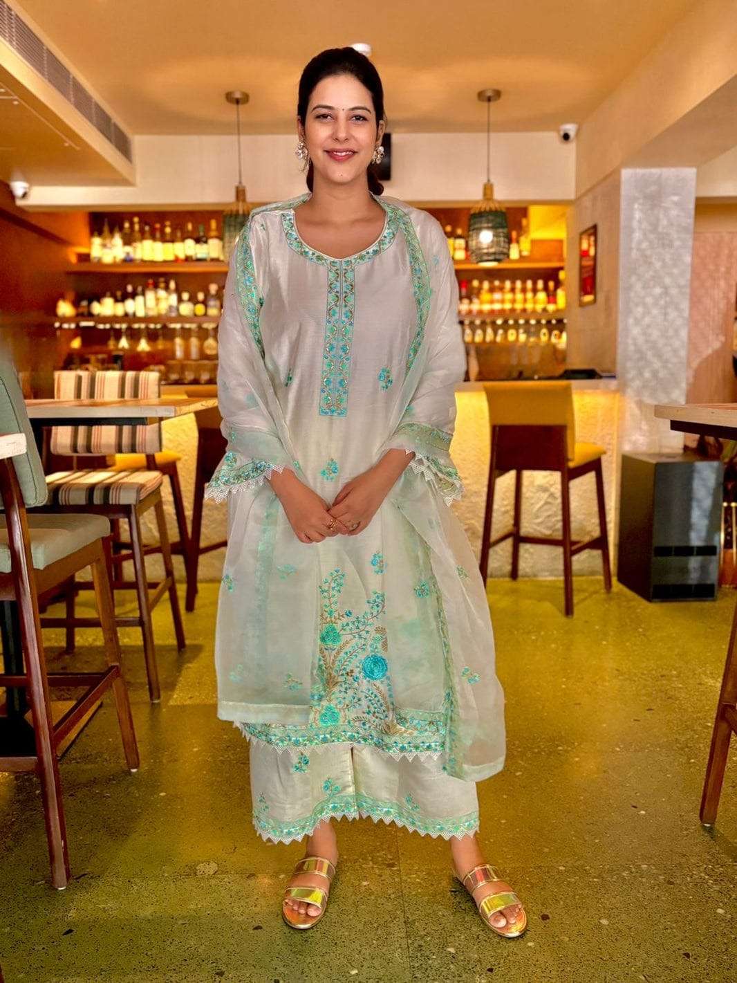 akshara ivory white chanderi embroidered suit set a mesmerising straight kurta set reminiscent of a sunsets serene hues with its graceful and surreal whiteu ombre delicate embroidery adorn the neckline