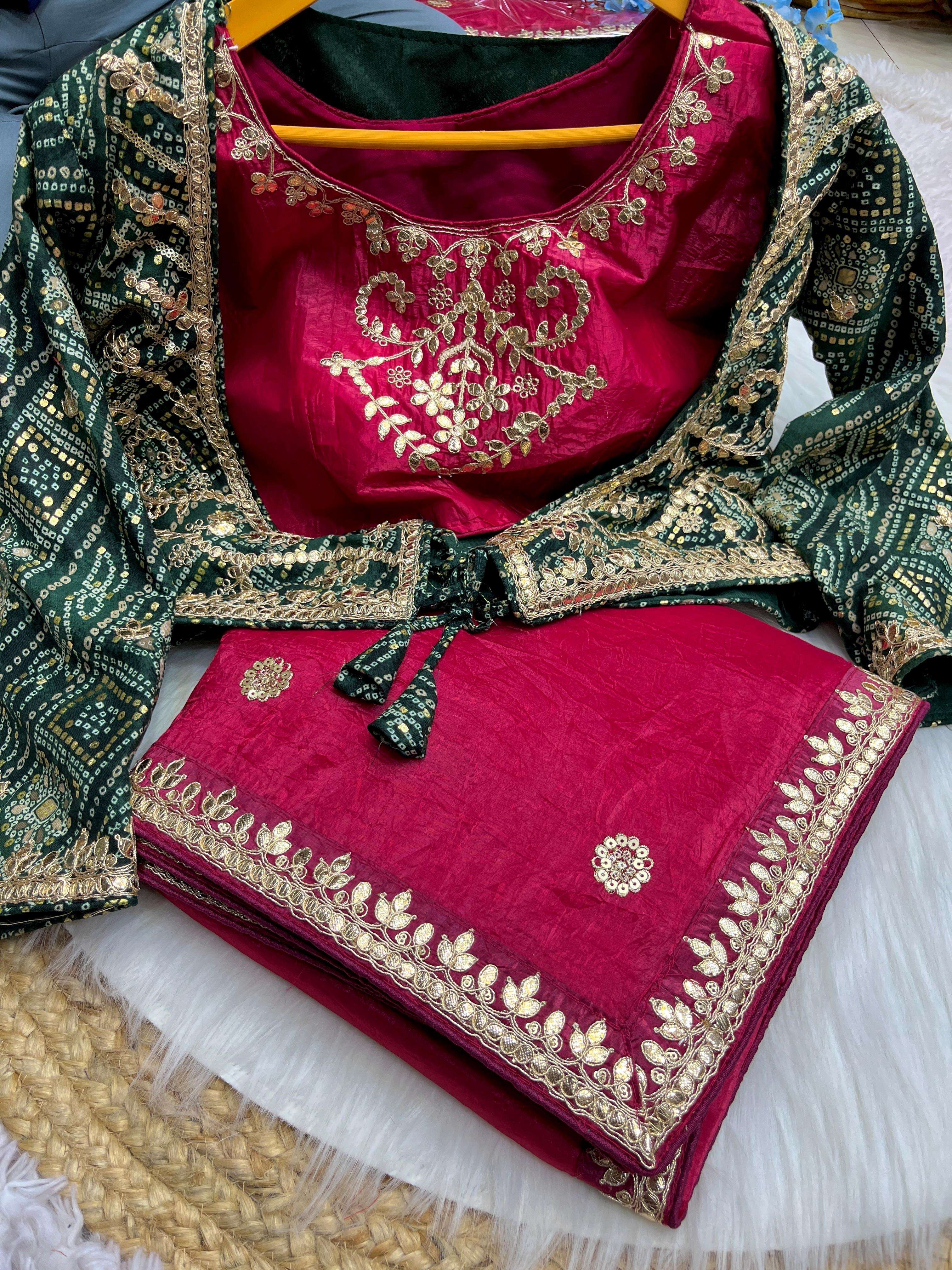 beautiful designer party wear saree with gota coding n sequence work border and butties all over fancy stitched koti style bandhej muslin work blouse traditional touch gold crush premium quality 