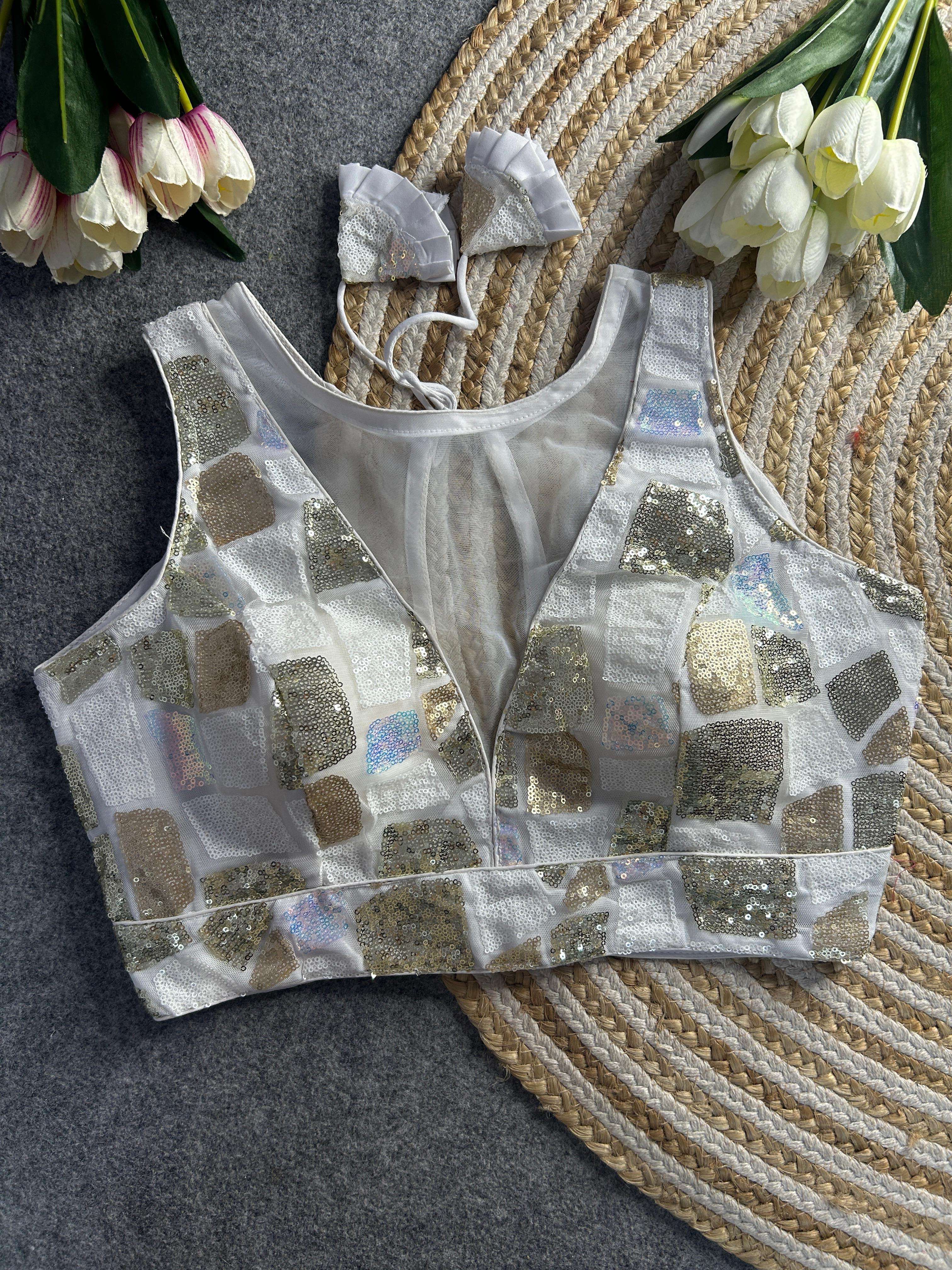 beautiful imported net sequence work blouse fancy western deep neck design heavy sequence work blouse  fabric imported net size size 38 ready ulter upto 40 inch readymade blouse