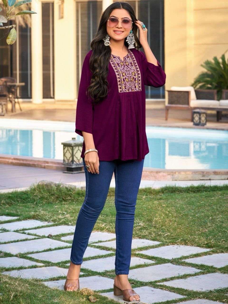 bubbly 5 embroidery work short tops for office and regular wear fabric heavy rayon with embroidery work size m to xxl length 32 kurtie tops