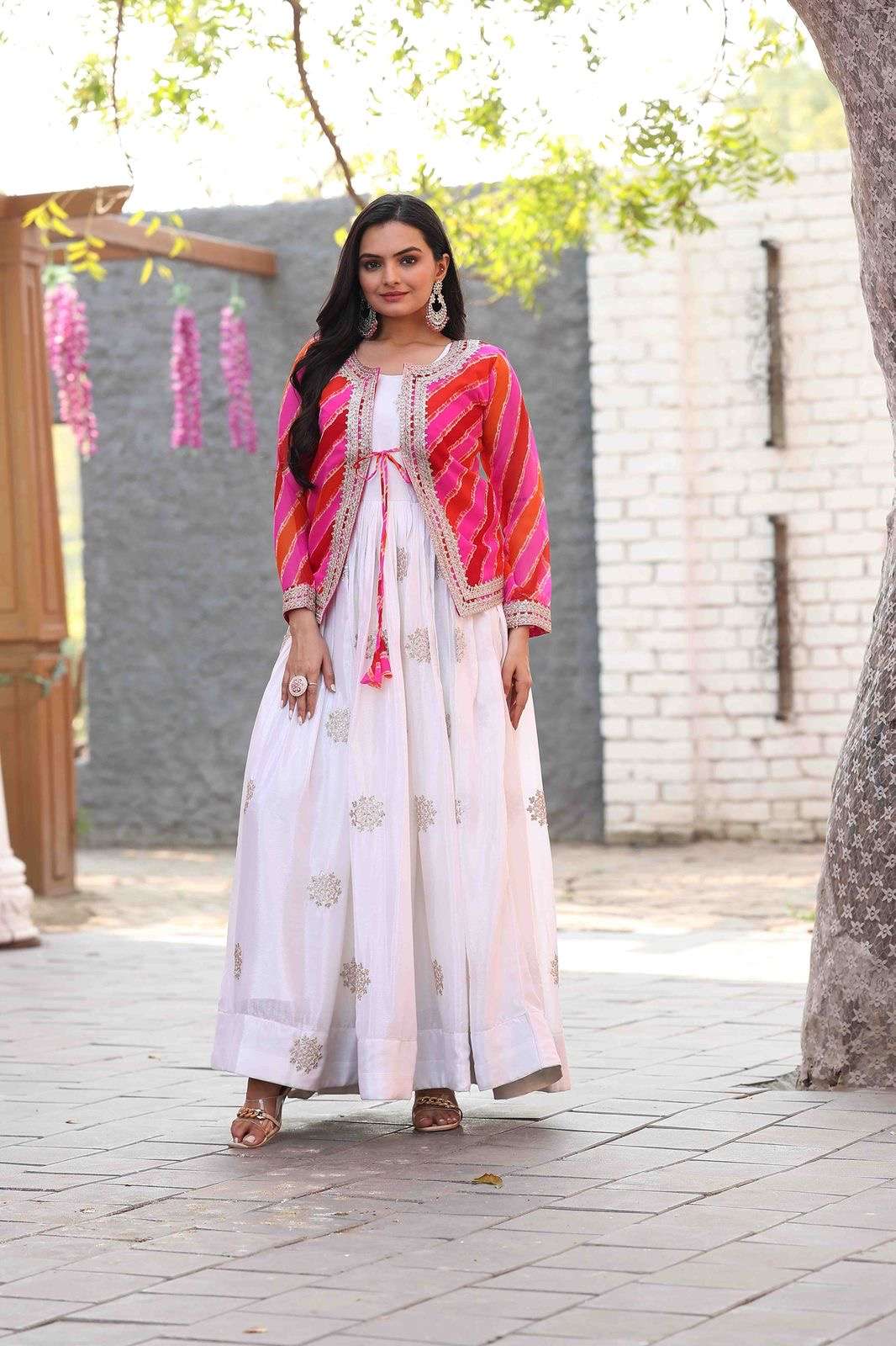 design no 090 new festival leheriya jecket n long gown fabric pure chinon work cording 3mm sequence embroidery work inner micro cotton size m to 2xl margin fully stitched indo western