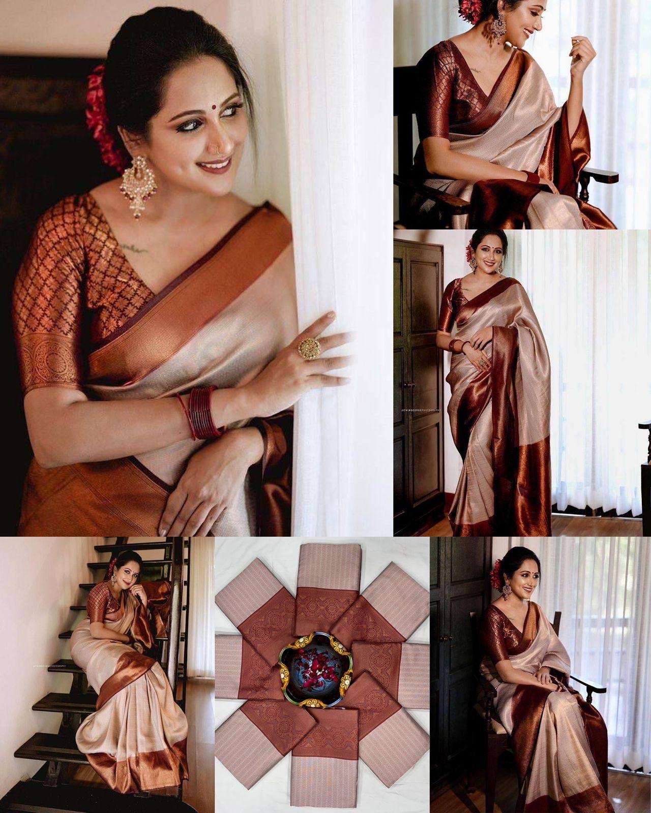 design number 143 fabric soft lichi silk cloth design beautiful rich pallu n jacquard work on all over the saree blouse contrast heavy brocade blouse saree