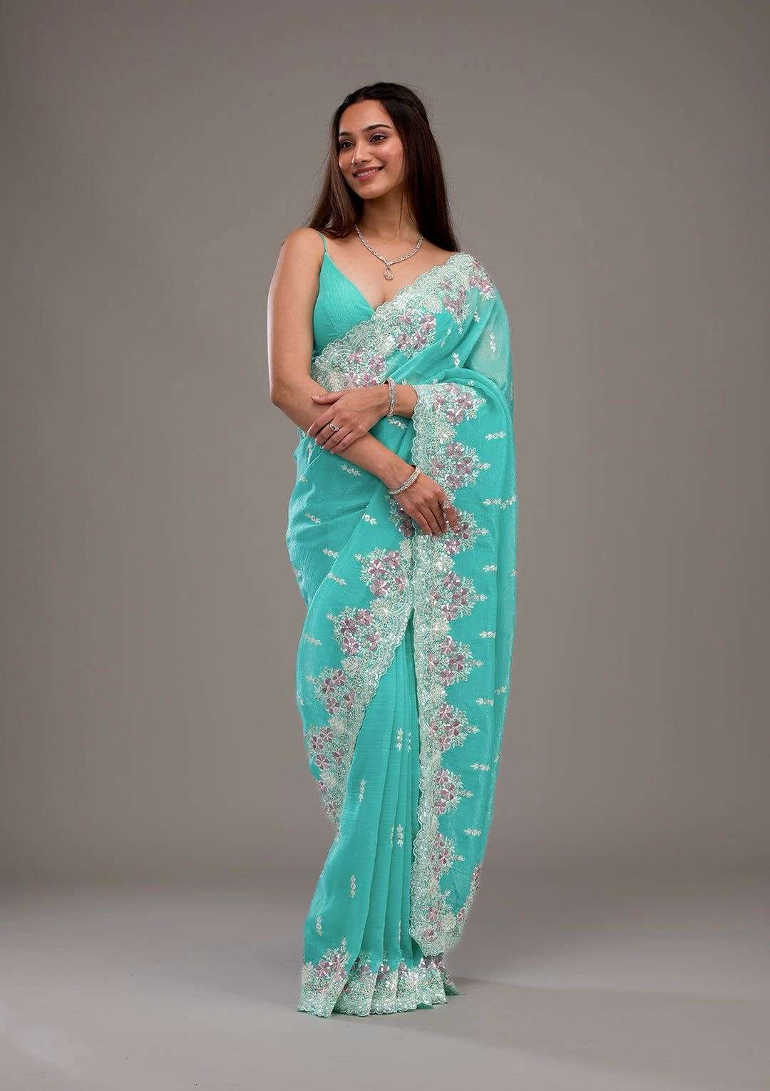design number bt 1266 saree fabric premium crunchy saree work heavy embroidery threads n sequins work with fancy cutwork border premium crunchy blouse unstiched
