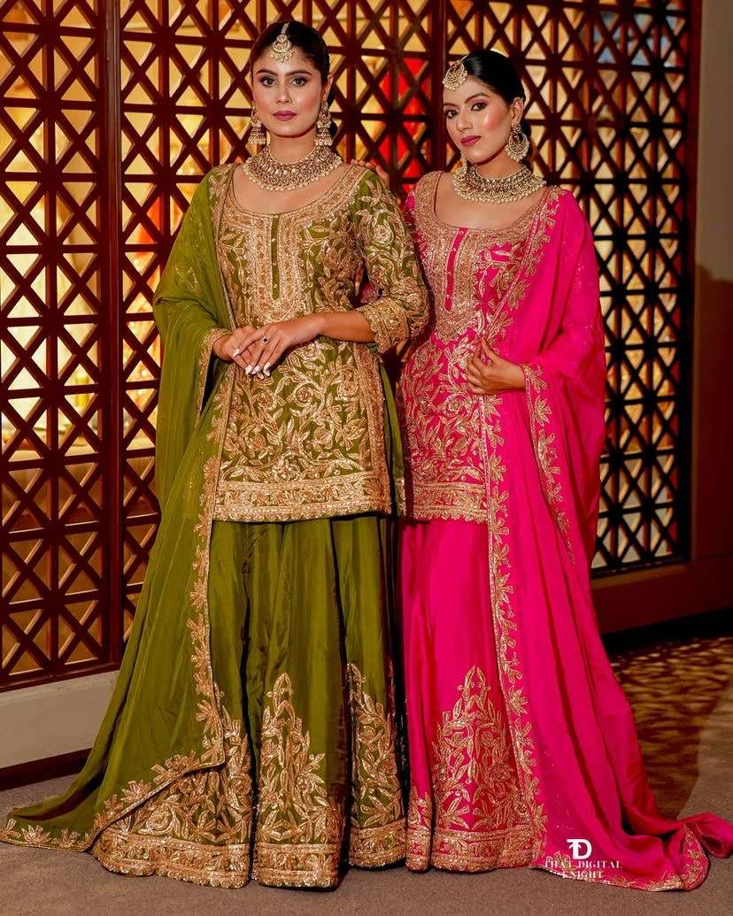 designer party top sharara n dupatta set code zd 10095 heavy chinon silk work codding sequnce embroidery size m to xxl length 40 neck round sleeves 20 inch sharara