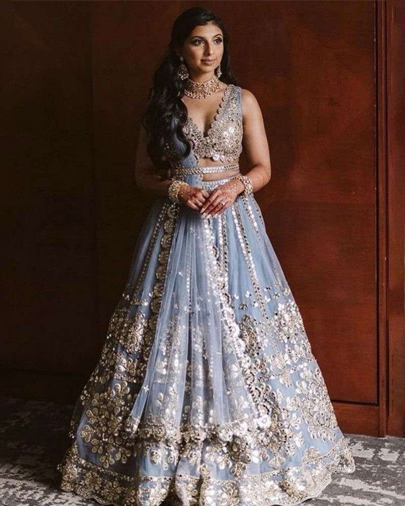 designer partywear bridal lehenga best seller lehenga choli designer bottom fabric net color grey work jari with paper mirror embroidery work semi stitched with cancan and canvas