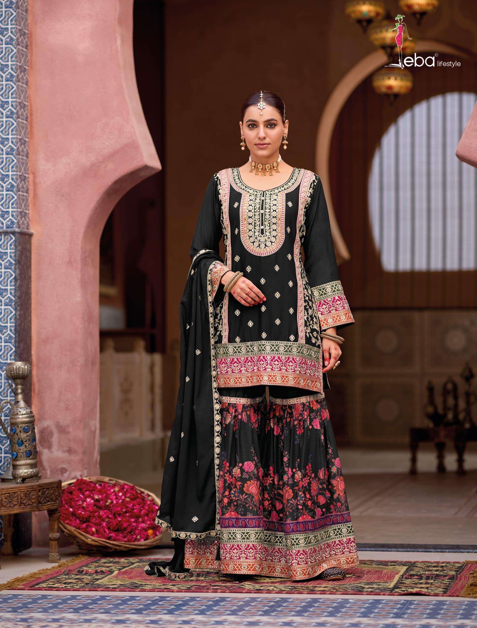 eba lifestyle catalogue rang black n white design number 1841 to 1842 top heavy chinon with emboidery work plazo digital with emboidery designer readymade suits