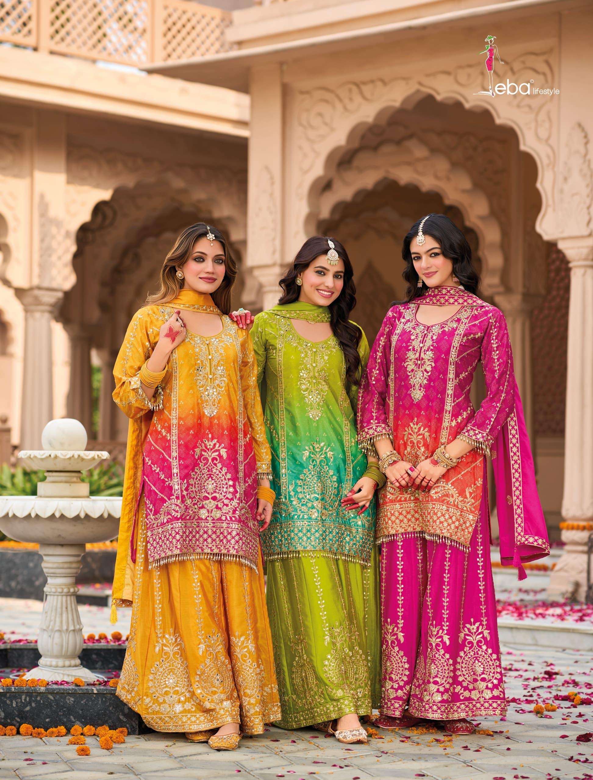 eba lifestyle catalogue rangeen series 1781 to 1783 heavy chinon digital print with emboidery work front n back work size m to 3xl designer partywear readymade suits